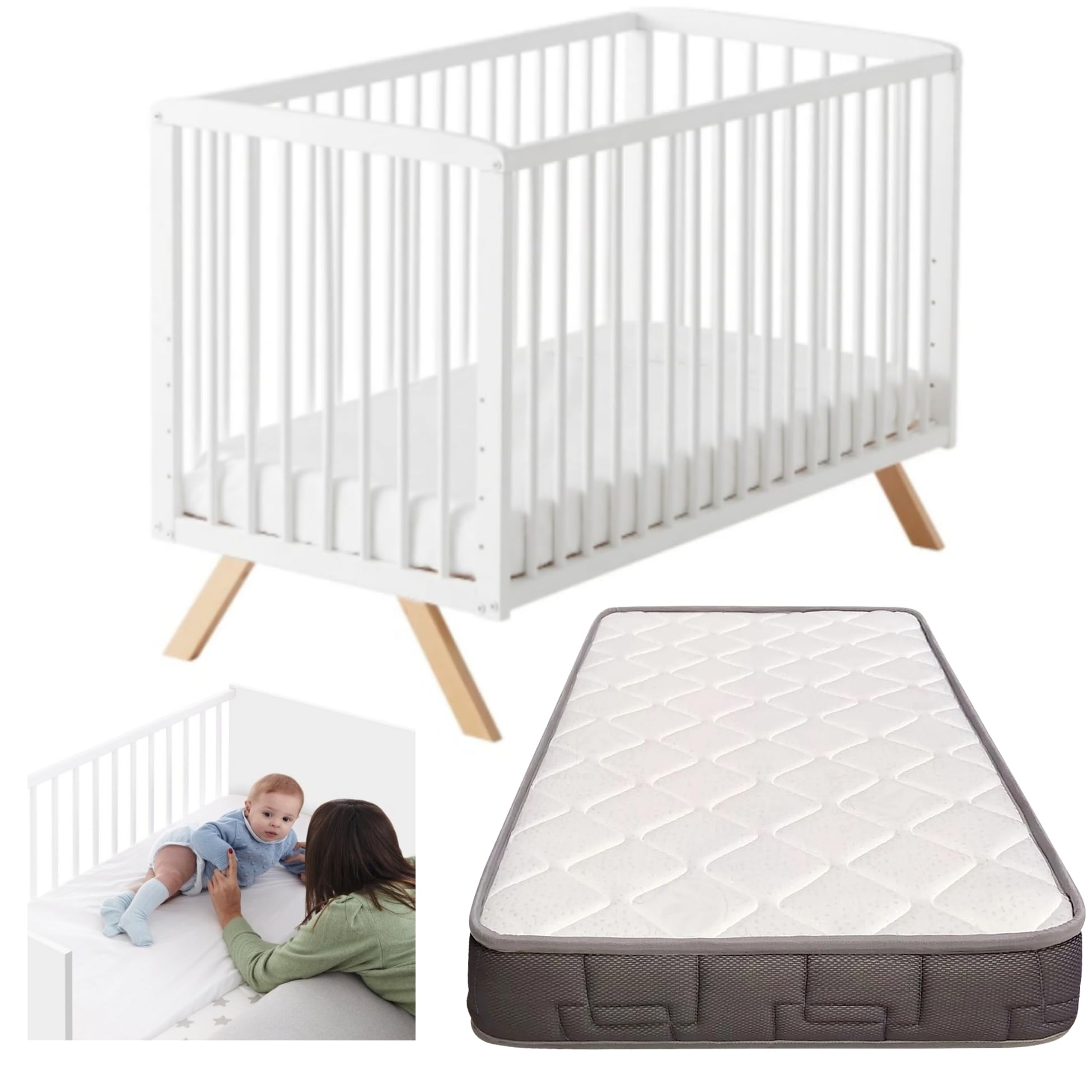 Cuna Bebe con colchon Nuru. Incluye el Kit colecho para unir la Cuna a la Cama con Seguridad y el colchón Top Ventas Morfeo. con normativa Europea CoolDreams