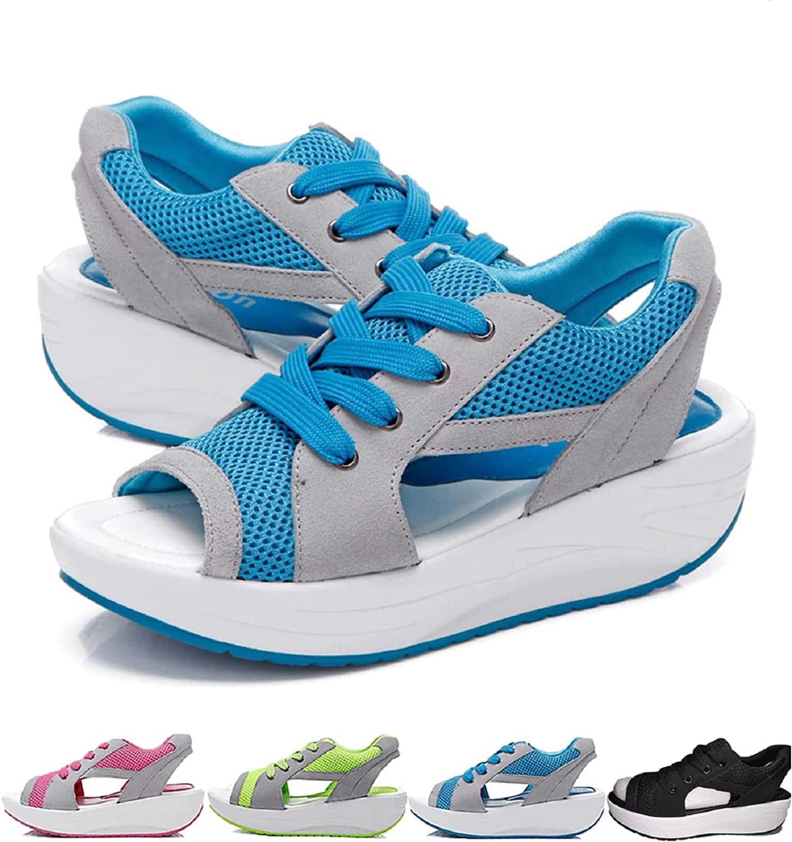 FUHULU Contrast Paneled Cutout Lace-up Muffin Sandals, Ladies Summer Open Toe Comfortable Fashionable Wedge Sandals Shoes