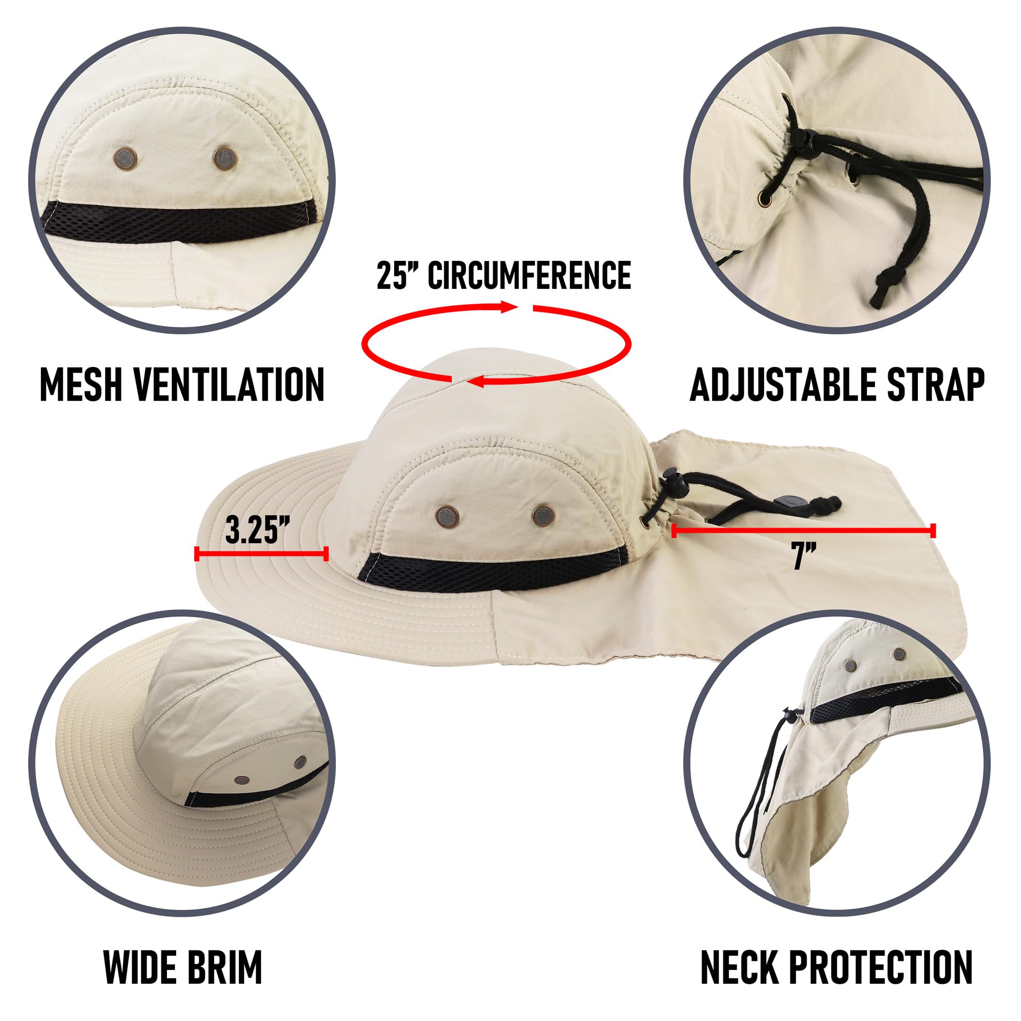 Falari Sombrero de sol para exteriores, ala ancha con solapa para el cuello, sombrero de safari, senderismo, jardinería, pesca