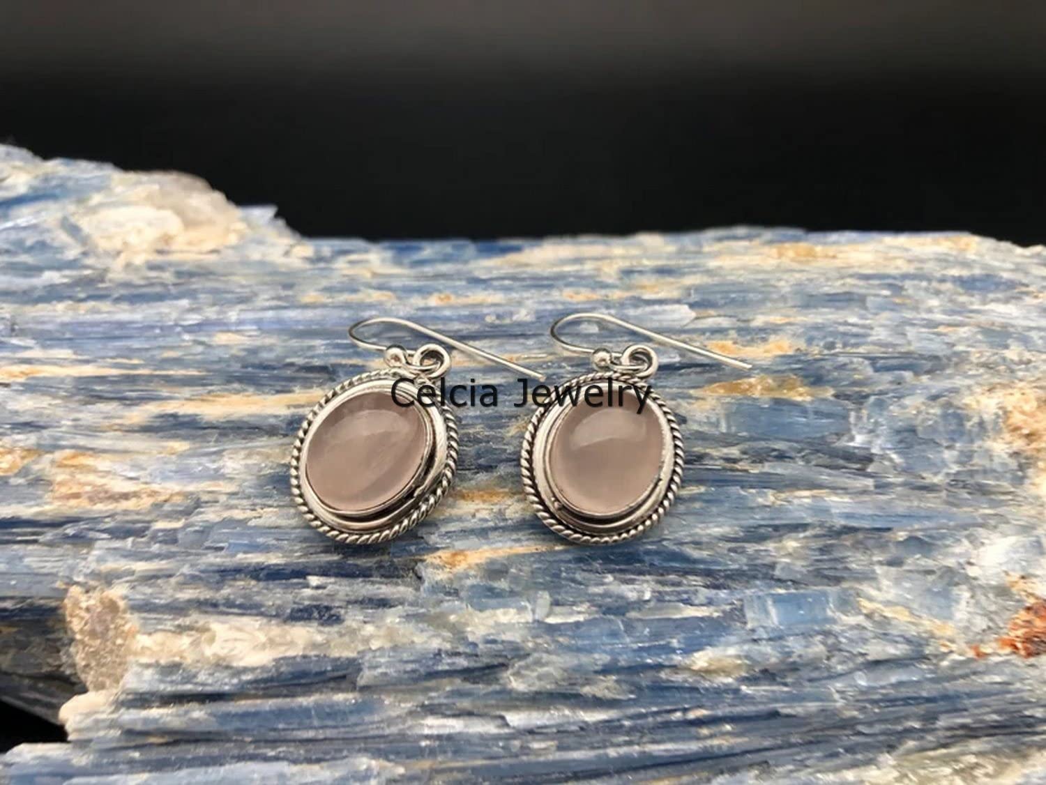 Pendientes colgantes de lágrima de plata de ley 925 maciza para mujer, piedra preciosa de cuarzo rosa genuina, hermosos pendientes hechos a mano con piedra natal de octubre
