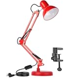 Metal Desk Lamp&comma; Adjustable Swing Arm Table Lamp with Interchangeable Base Or Clamp&semi; Eye-Caring Desk&sol;Clip Reading Lamps for Bedroom&comma; Study&comma; Office &lpar;Red&rpar;