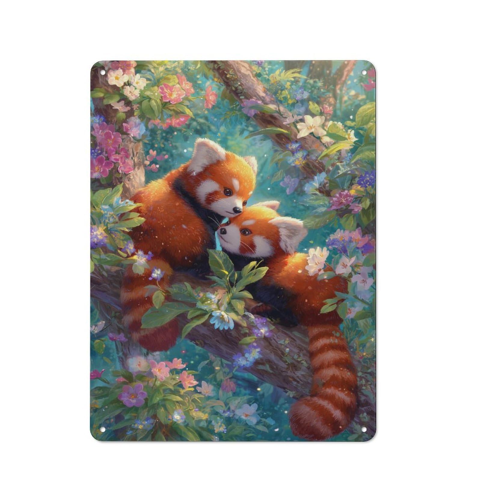 Junmoney Red Pandas In Blossom Forest Metal Wall Art Sign 40X30cm, Modern Retro Urban Room Decor For Modern Home, Workshop, Office Or Cafe