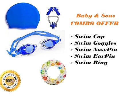 Baby & Sons Boys / Girls / Kids Swimming Kit Combo Pack (Color/Design May Vary) Swimming Goggles Silicone Swimming Cap 1 Nose Clip 2 Ear Plugs with Swimming Ring (10-12 Years)