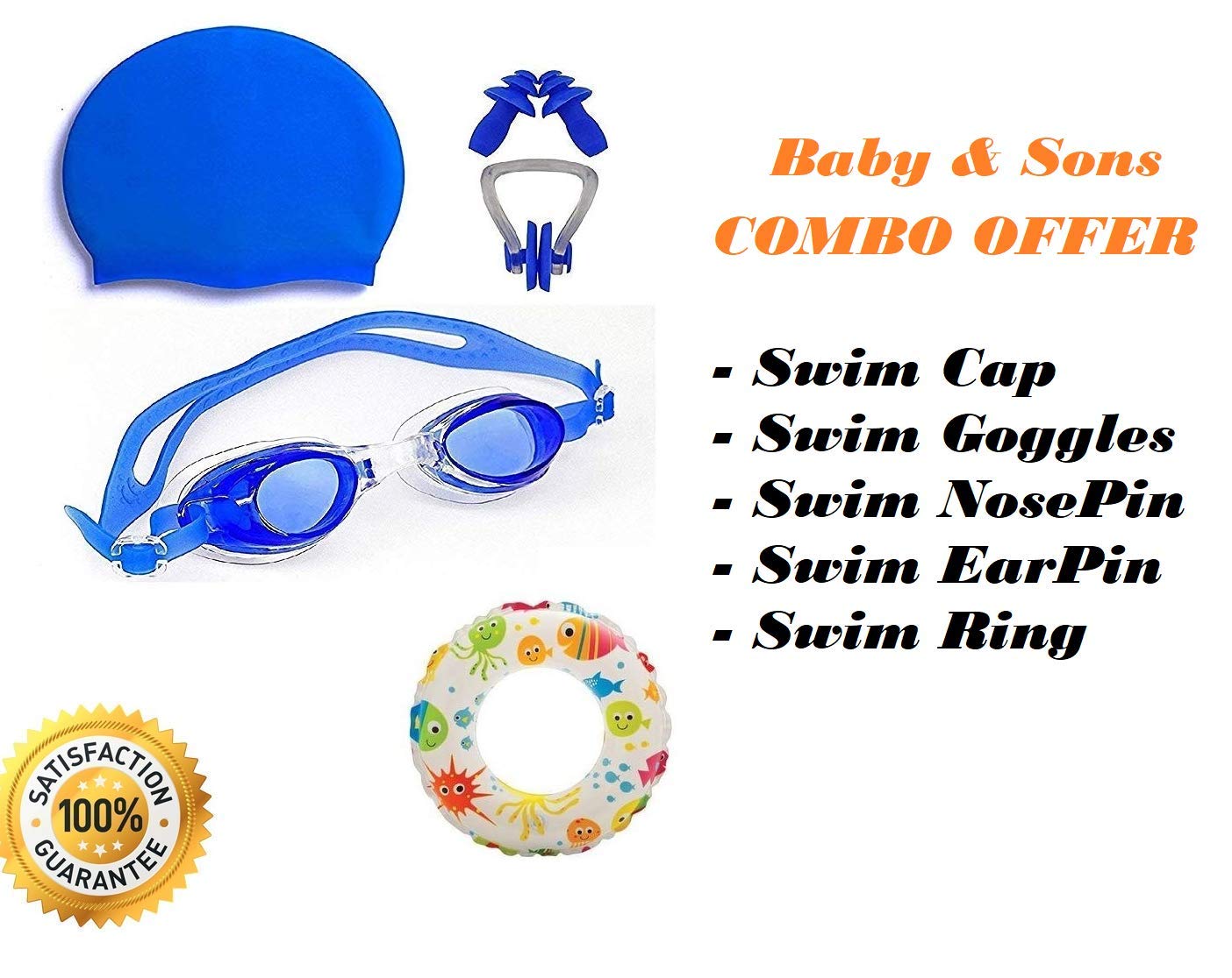 Baby & Sons Boys / Girls / Kids Swimming Kit Combo Pack (Color/Design May Vary) Swimming Goggles Silicone Swimming Cap 1 Nose Clip 2 Ear Plugs with Swimming Ring (6-8 Years)