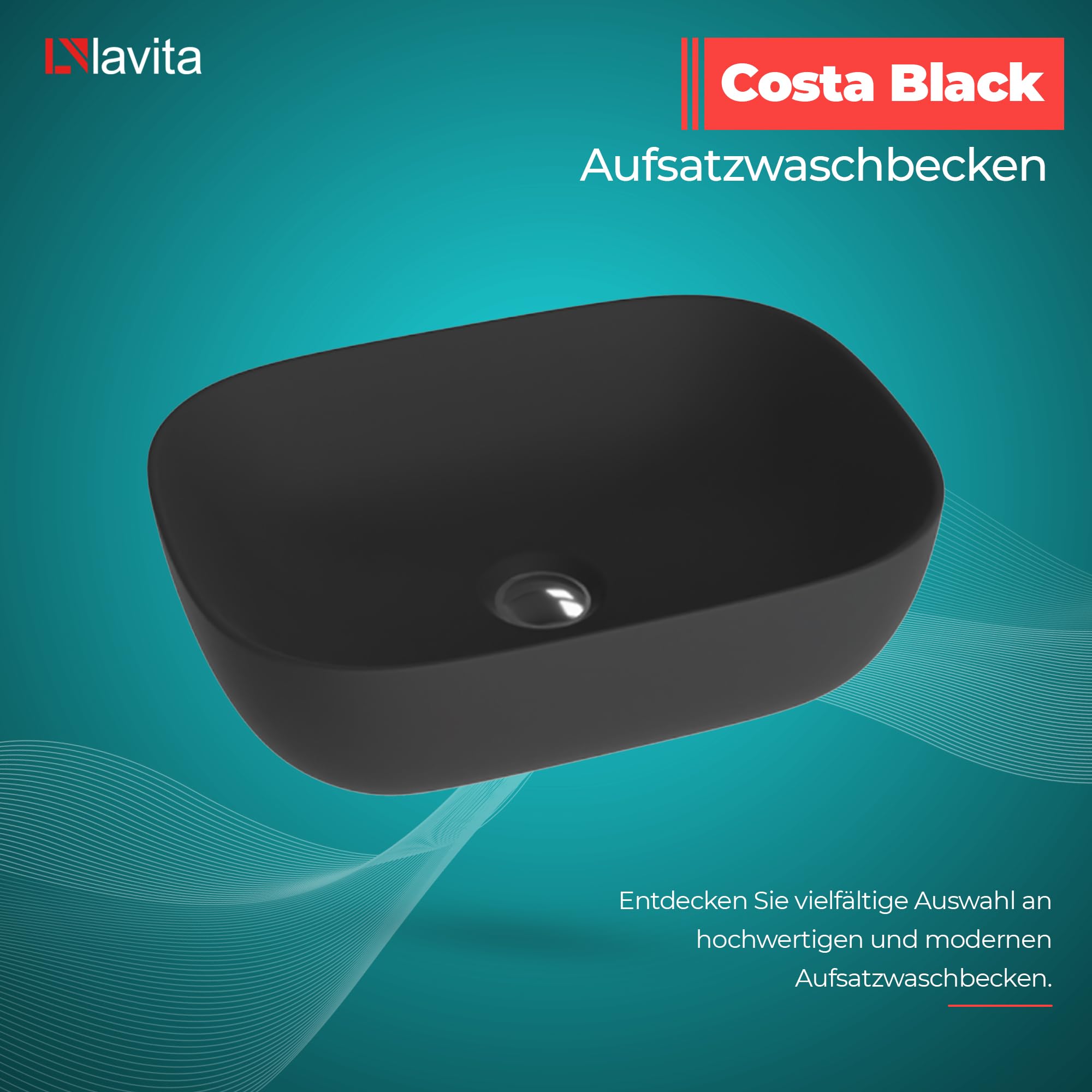 LAVITA Aufsatzwaschtisch Costa Black Aufsatzwaschbecken Rechteckig Waschbecken ohne Überlauf und Hahnloch Aus hochwertigem Porzellan Waschtisch Badkeramik Waschplatz 46x32,5x13,5 cm Schwarz Matt