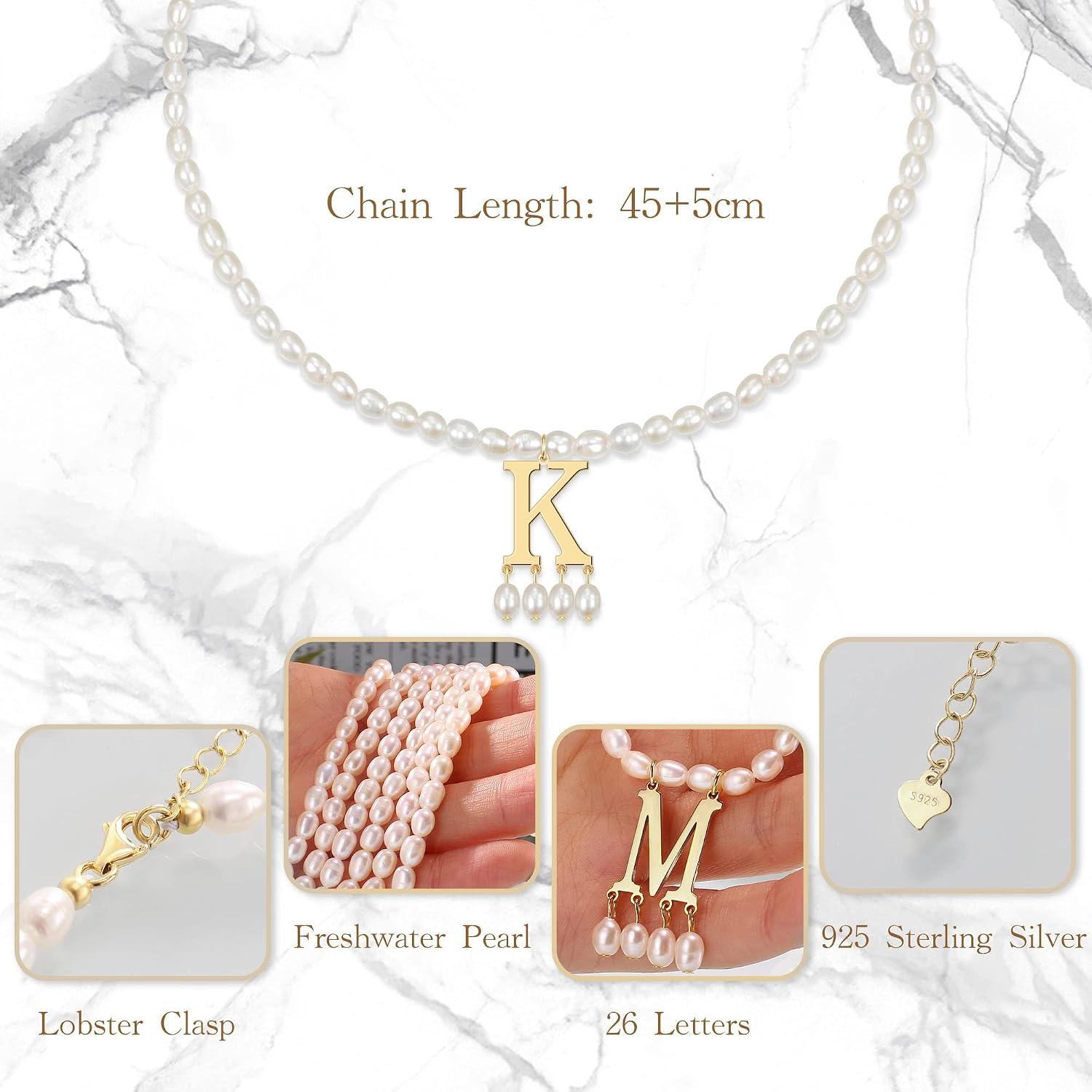 JSJOY Freshwater Pearl Necklace for Women 925 Sterling Silver Gold Initial A-Z Necklaces Anne Boleyn Necklaces Mother's Day Gifts Graduation Gifts 2026 Birthday Gift for Her