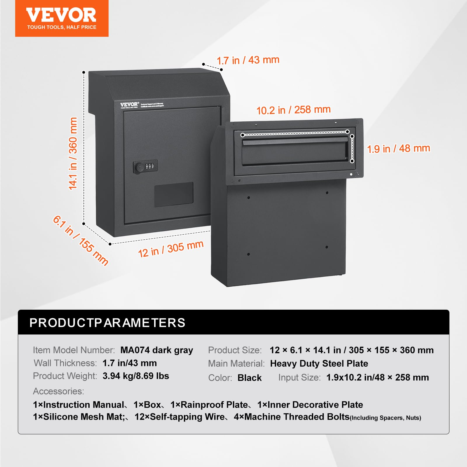 VEVOR Buzón Empotrable de Puerta 305x155x360 mm Acero Resistente Cerradura con Código de Combinación Gris