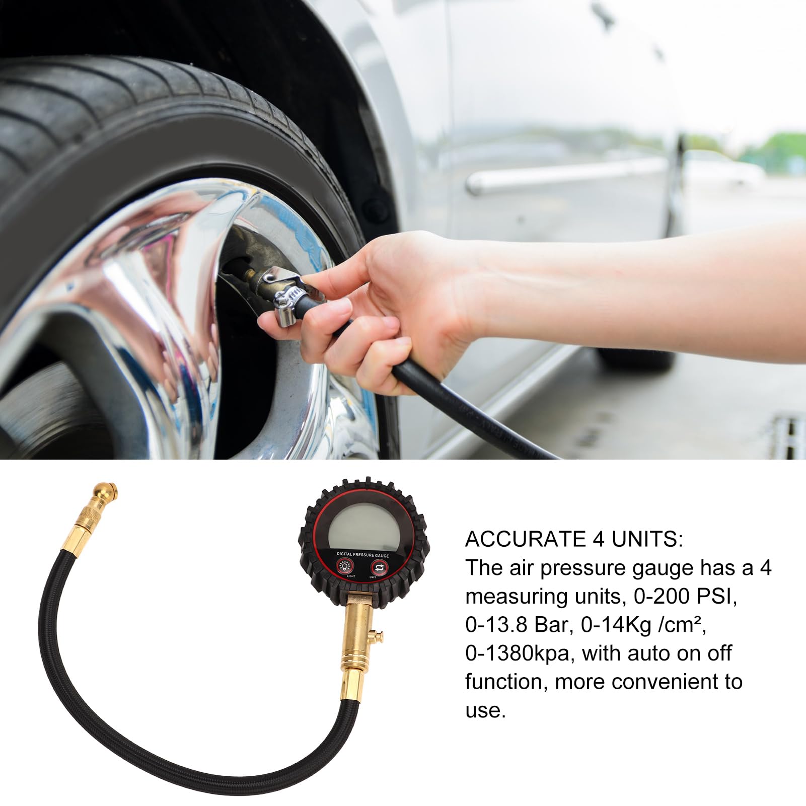 Manomètre Numérique de Pression de Pneu, Outil Pneumatique de Gonfleur de Pneu Robuste de 0 à 200 PSI Avec Tuyau Flexible et écran LCD Rétroéclairé pour Voiture, Camion, SUV, Moto