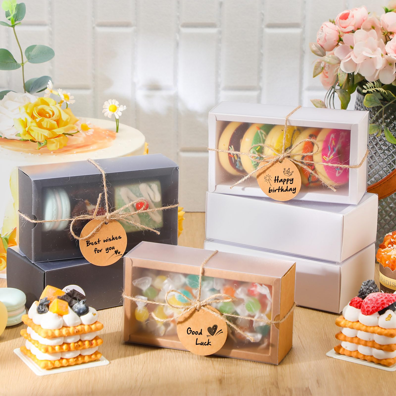 50 Sets Rectangle Kraft Paper Drawer Boxes with Window Homemade Soap Boxes Kraft Box with Blank Tags and Jute String for Jewelry Candy Gift Wrapping Party Favor (3 Colors,6.3 x 3.5 x 2 Inch)