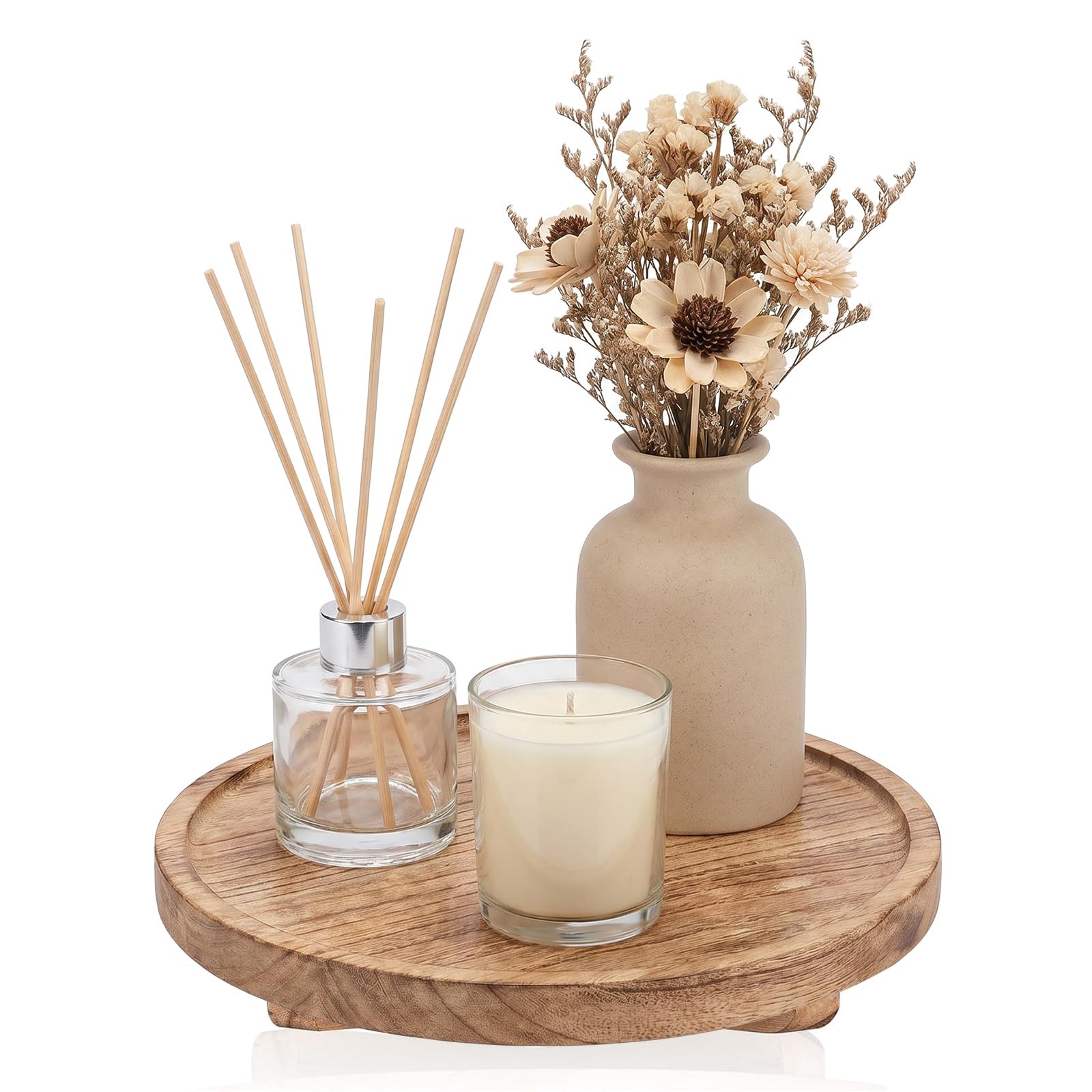 Round Decorative Wooden Candle Tray, 10" Bathroom Counter Organizer, Farmhouse Kitchen Decor Wooden Riser for Soap Dish, Perfume, Candle, Sponge, Brown
