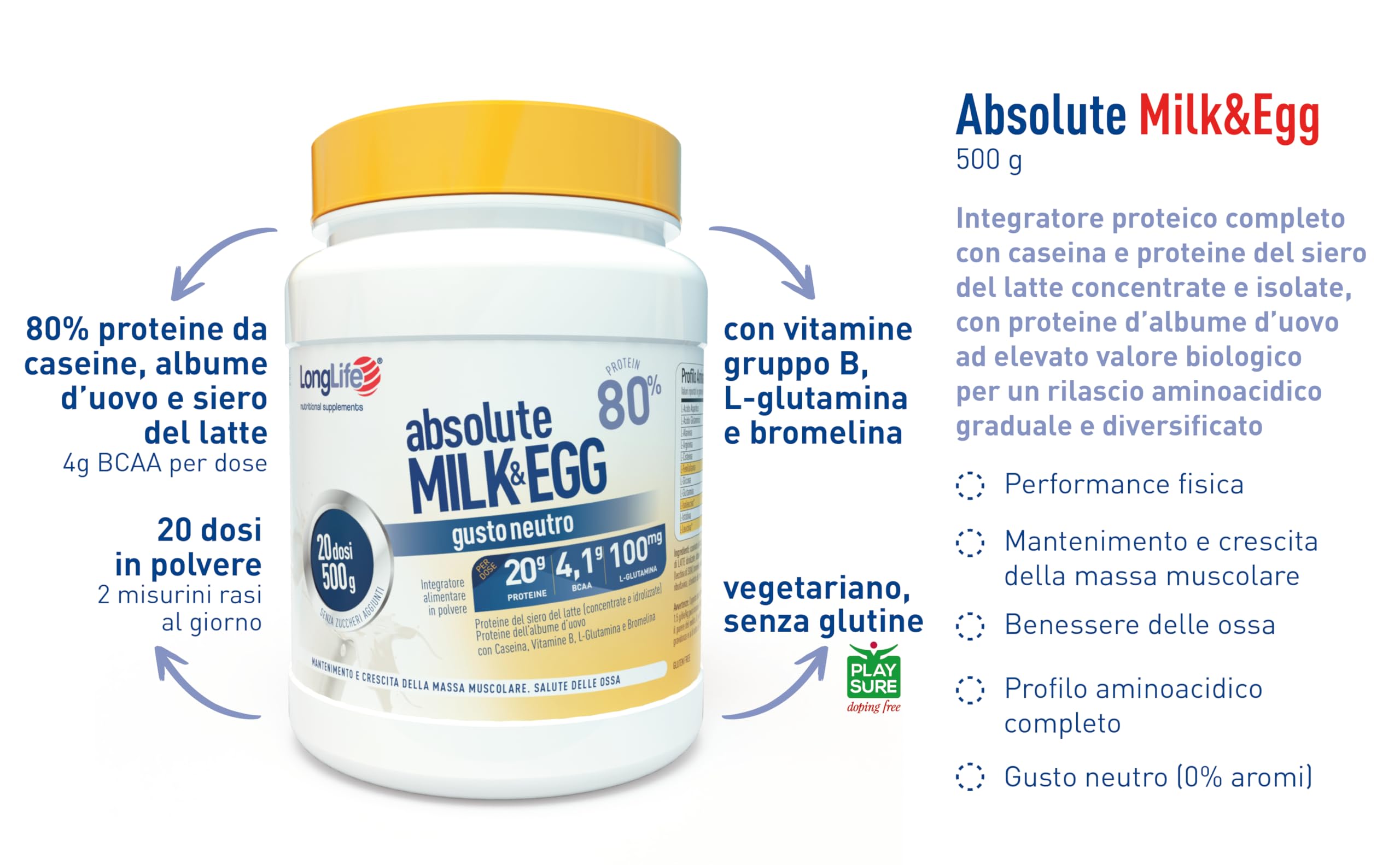 LongLife® Absolute Milk&Egg | 80% proteine di latte e uovo | Con vitamine B e bromelina | Crescita e mantenimento della massa muscolare | Benessere delle ossa | 20 dosi | Vegetariano e senza glutine