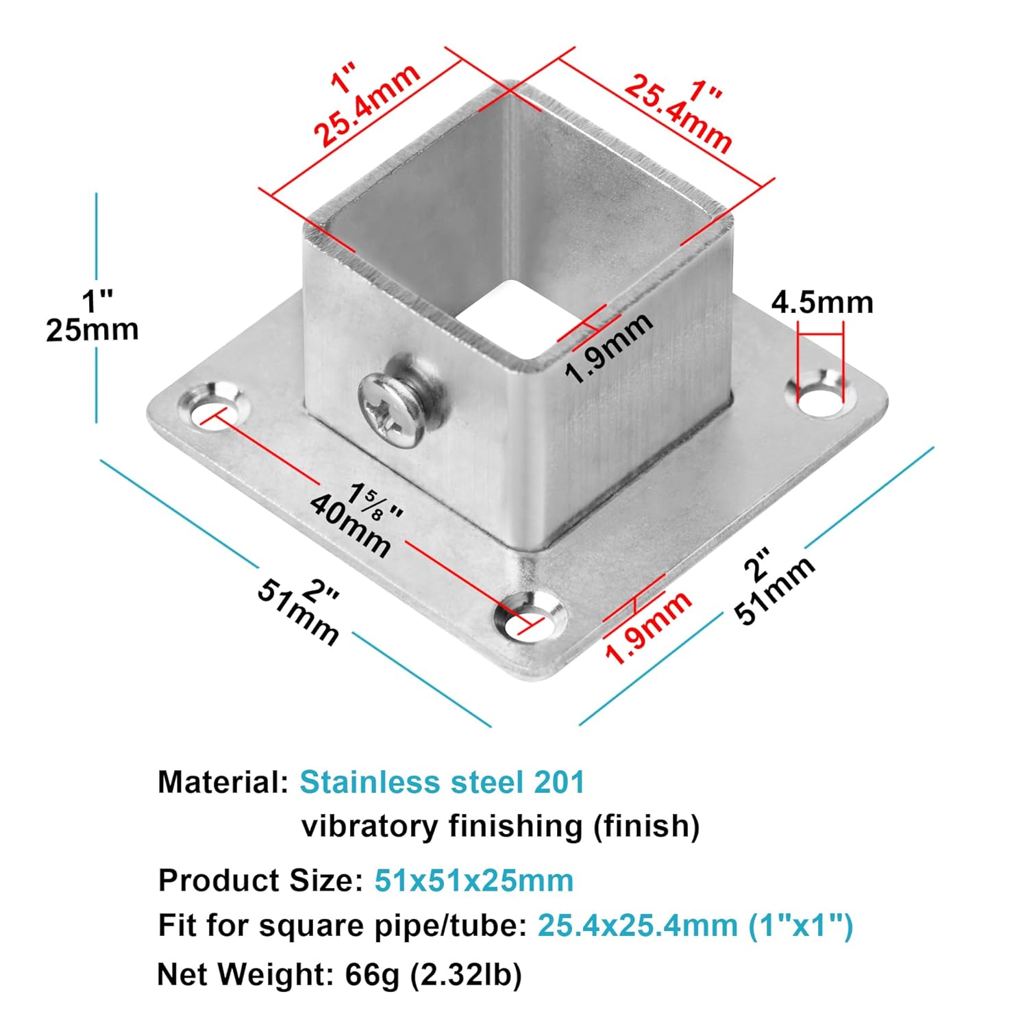 20 PCS 1" Square Tubing Newel Post Floor Flange Base, Square Tube Deck Rail Fitting, Stainless Steel