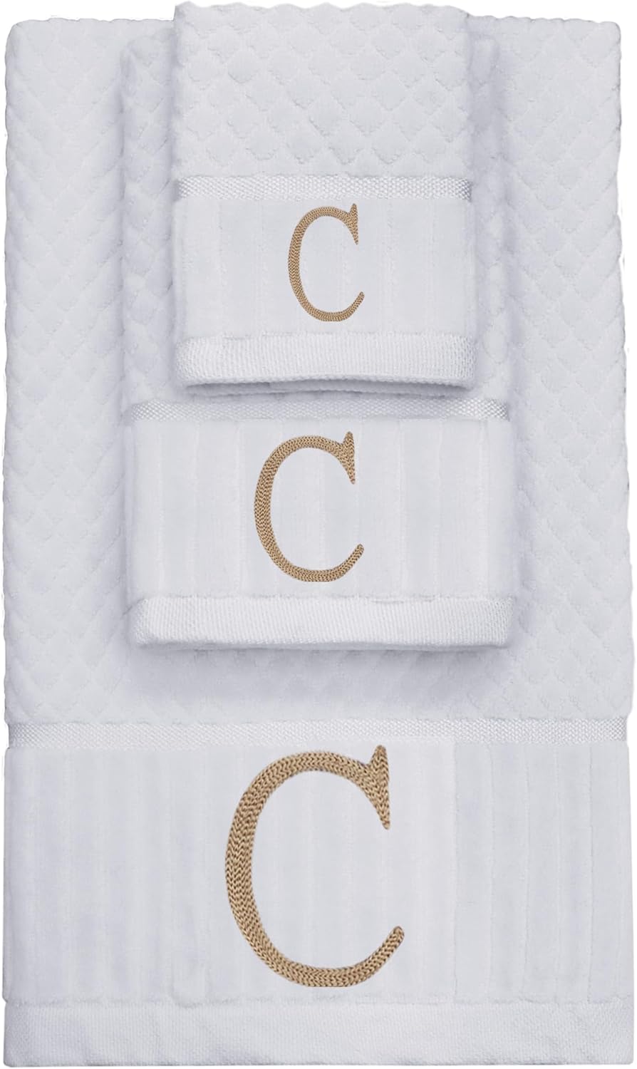 COTTON CRAFT Monogrammed 3 Piece Towel Set - 100% Cotton Plush 550 GSM Sculpted Jacquard Velour Bathroom Set - 1 Each of Bath, 1 Hand, and Wash Towels - Soft Absorbent Luxury - White C