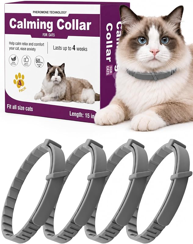 Coleira calmante ajustável para gatos FYABREEK, cinza, pacote com 4