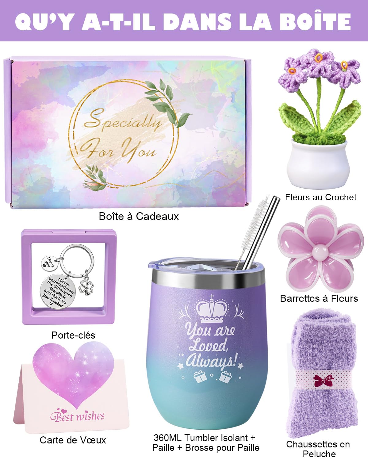 LIVEHITOP Cadeau Femme, Cadeau Anniversaire Femme 7PCS Personnalisé Coffrets Cadeau Inclus Mug Isotherme Soeur Maman Collegue Amie Cadeau Noël, Fete des Meres, Saint-Valentin
