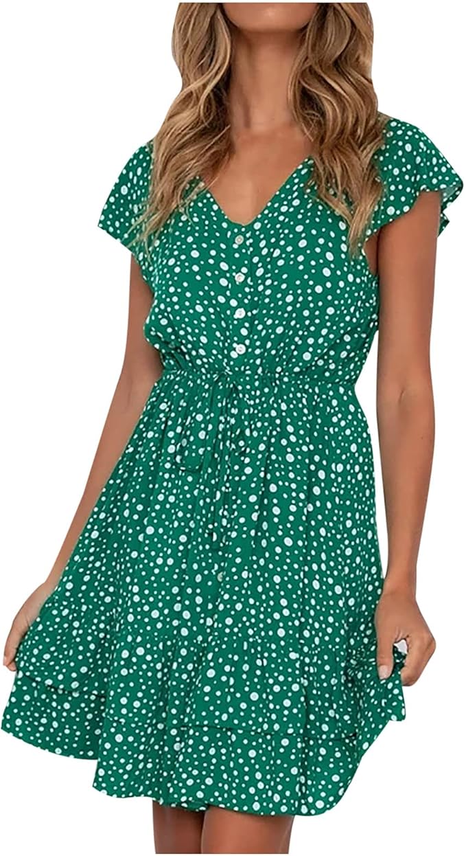 BZZB999 Damen Sommer KurzäRmelig LäSsig Temperament Cool TüLl Retro  Lotusblatt Blumen SüßEs Kleid V-Ausschnitt Kleid : Amazon.de: Bekleidung