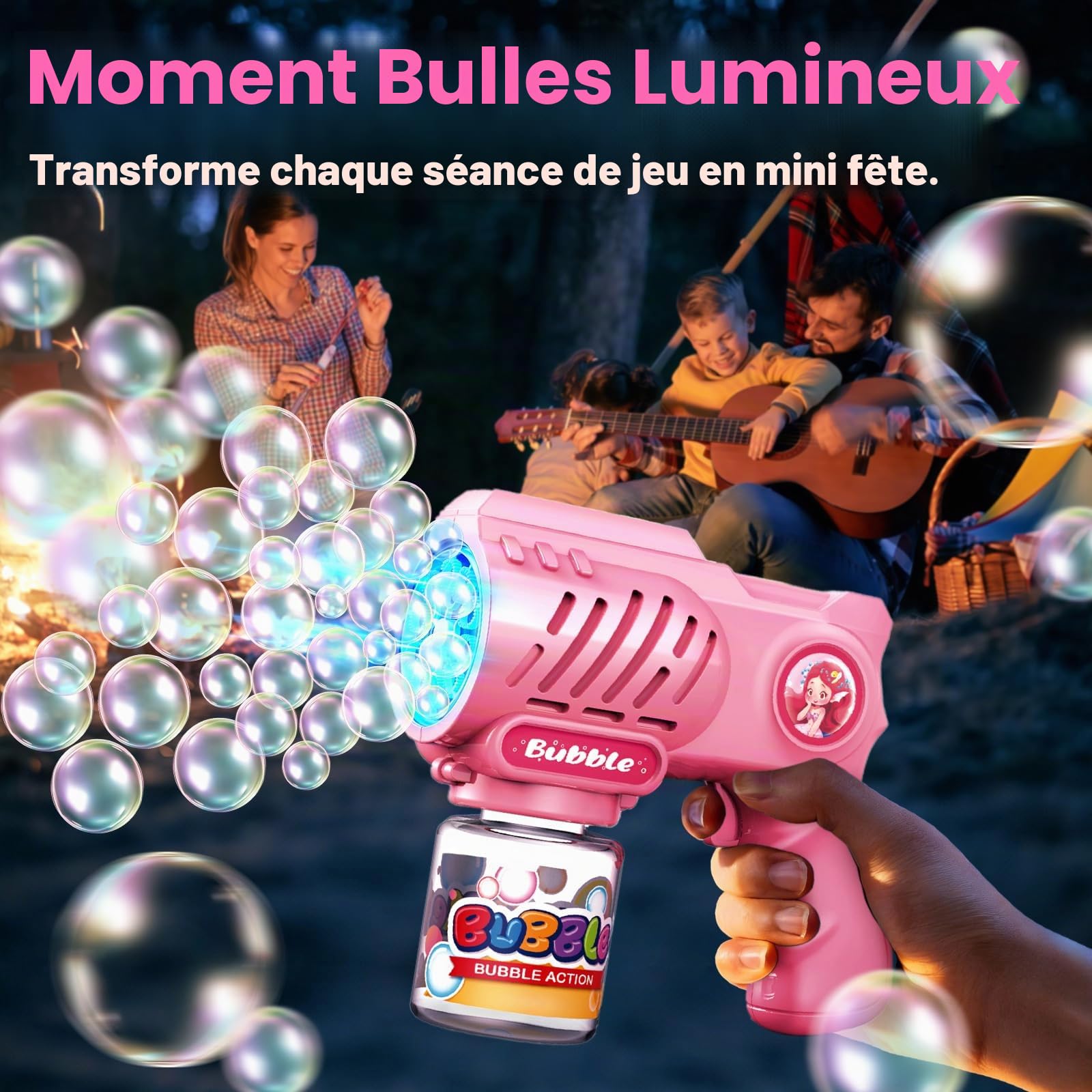 Tecnock Lot de 2 Pistolets à Bulles Automatiques pour Enfants avec Lumières LED et 10 Buses, 8 Piles AA Incluses, 3 Flacons de Solution et 10 Recharges, Légers et Anti-Fuite