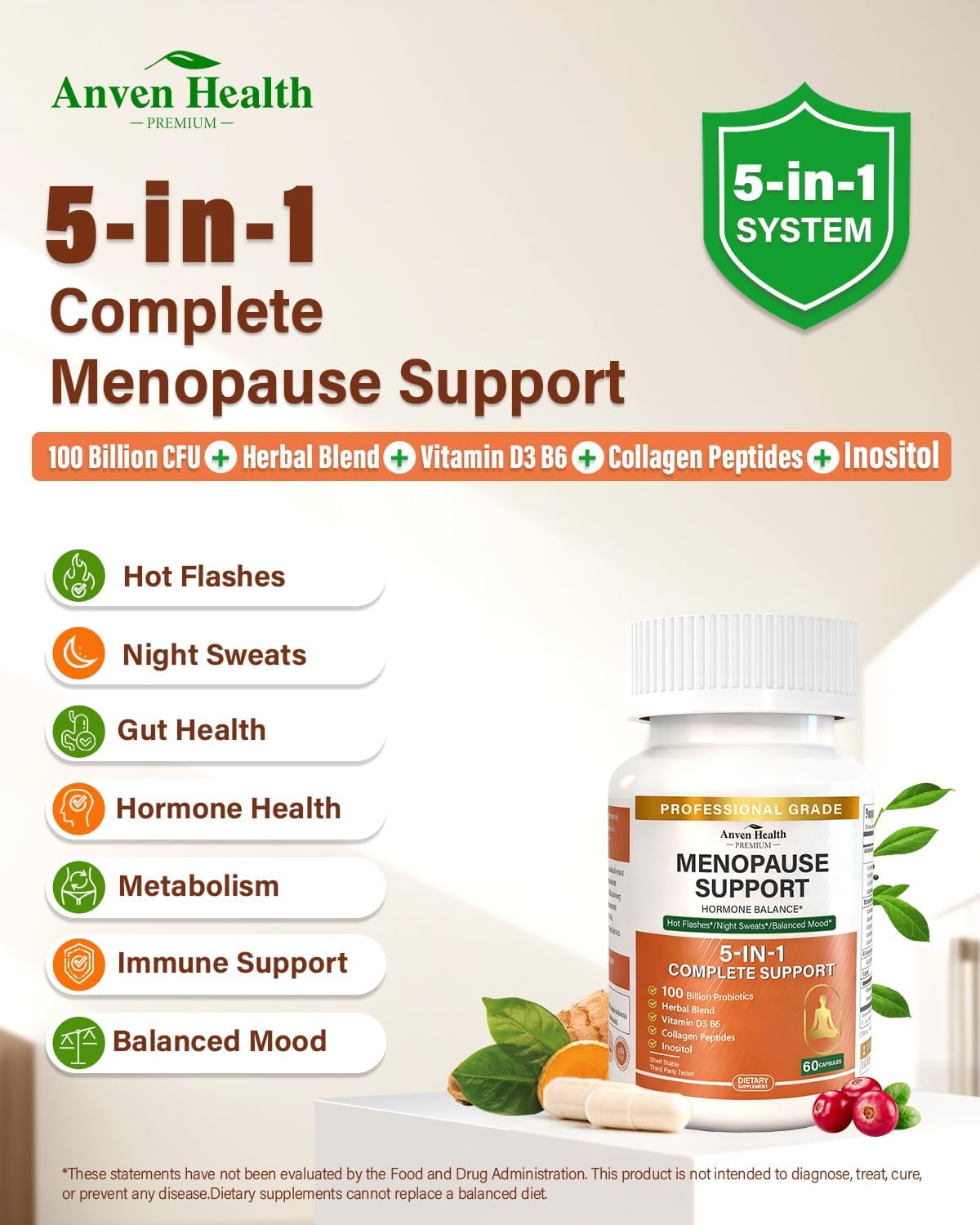 Menopause Supplements for Women, Vitamin D3 & B6, Menopause Relief Probiotics Supports Hot Flashes, Night Sweats, Bloating & Gut Health with Black Cohosh, Herbs, Collagen | 60 Veggie Caps - Image 3