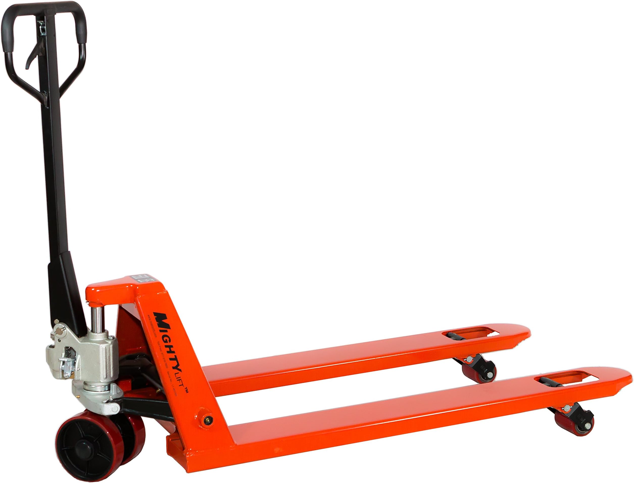 Mighty Lift ML55-2 Heavy Duty Pallet Jack Truck, Wheels: Polyurethane on Steel, 50" Height, 27" Width, 48" Length, 5500 lbs. Load Capacity, Orange
