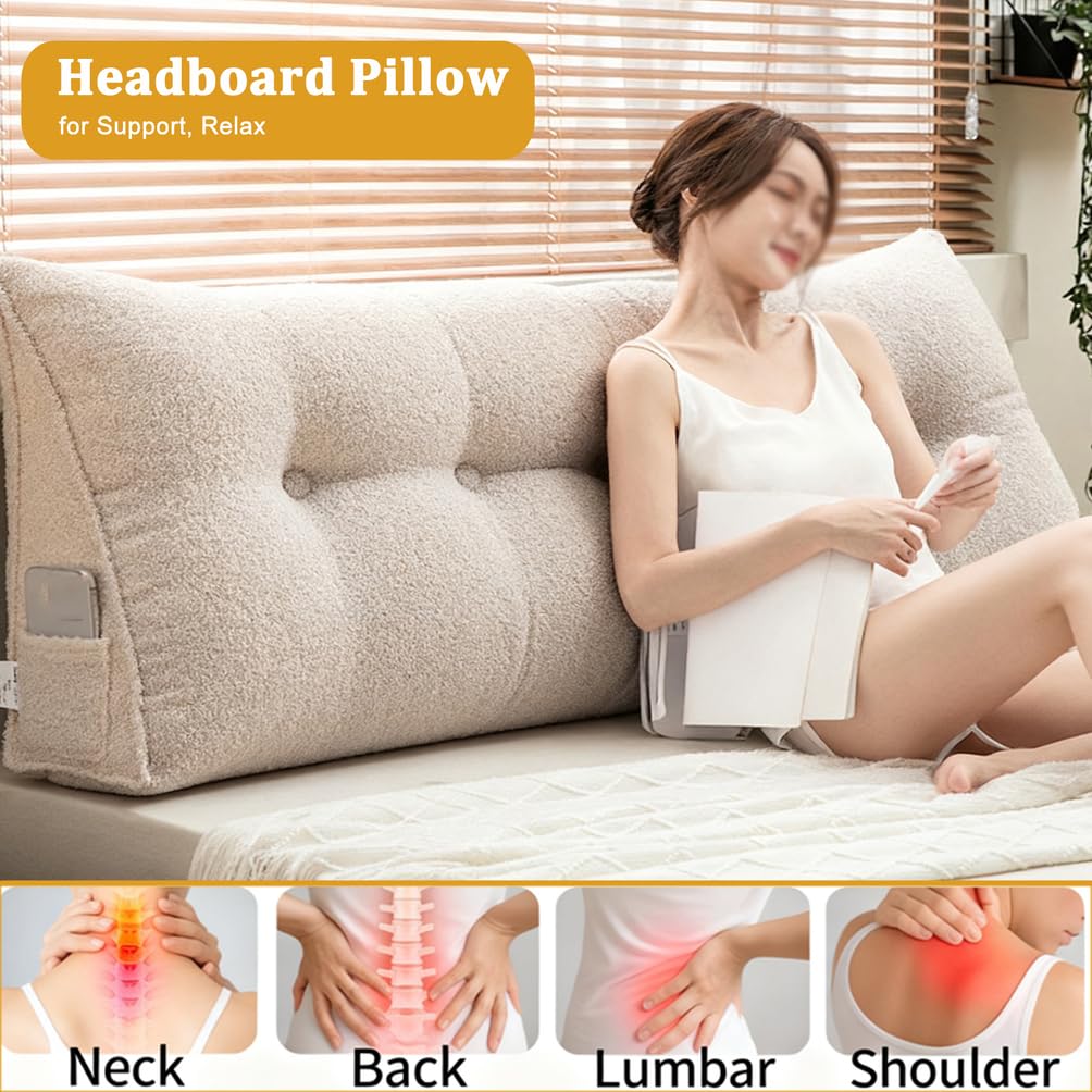 Generisch Großes Keilkissen-Kopfteil,Weiches Waschbares Kopfteilkissen, Dreieck-Lesekissen Mit Praktischen Seitentaschen,Für Sofa-Tatami Und Tagesbett Nackenrolle,Lendenkissen,Beige,200x50x20cm