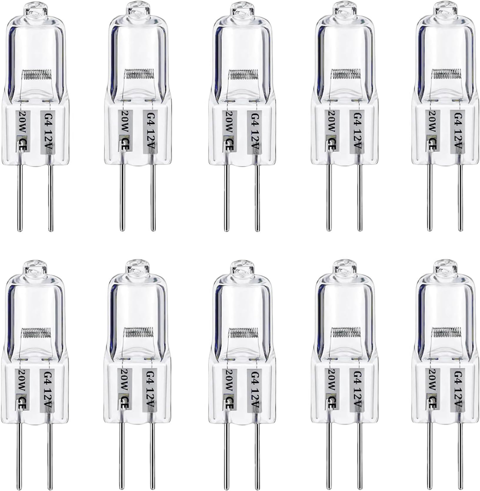 G4 Halogen Light Bulbs 20W 12V, 10 Pack Clear Capsule 2 Pin Lamp Bulb Halogen Pin Base Warm White Dimmable [Energy Class G]