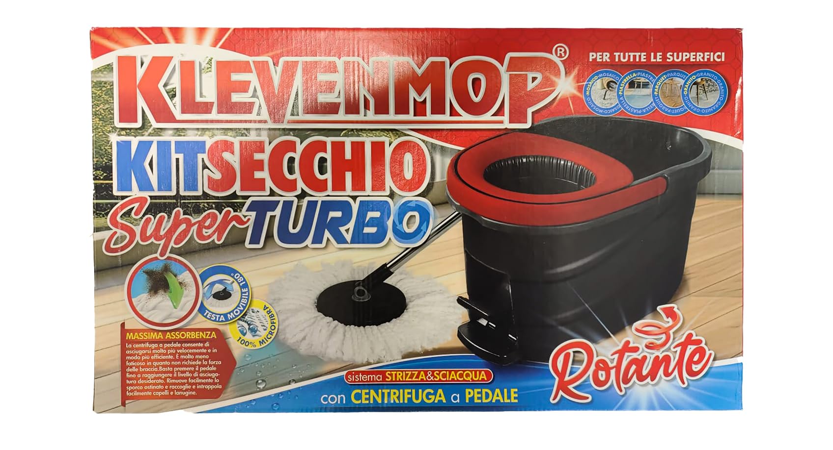 Kit Secchio Rotante Super Turbo con Centrifuga a Pedale, Mop Mocio Lava Pavimenti - Sistema Strizza&Sciacqua, Klevenmop