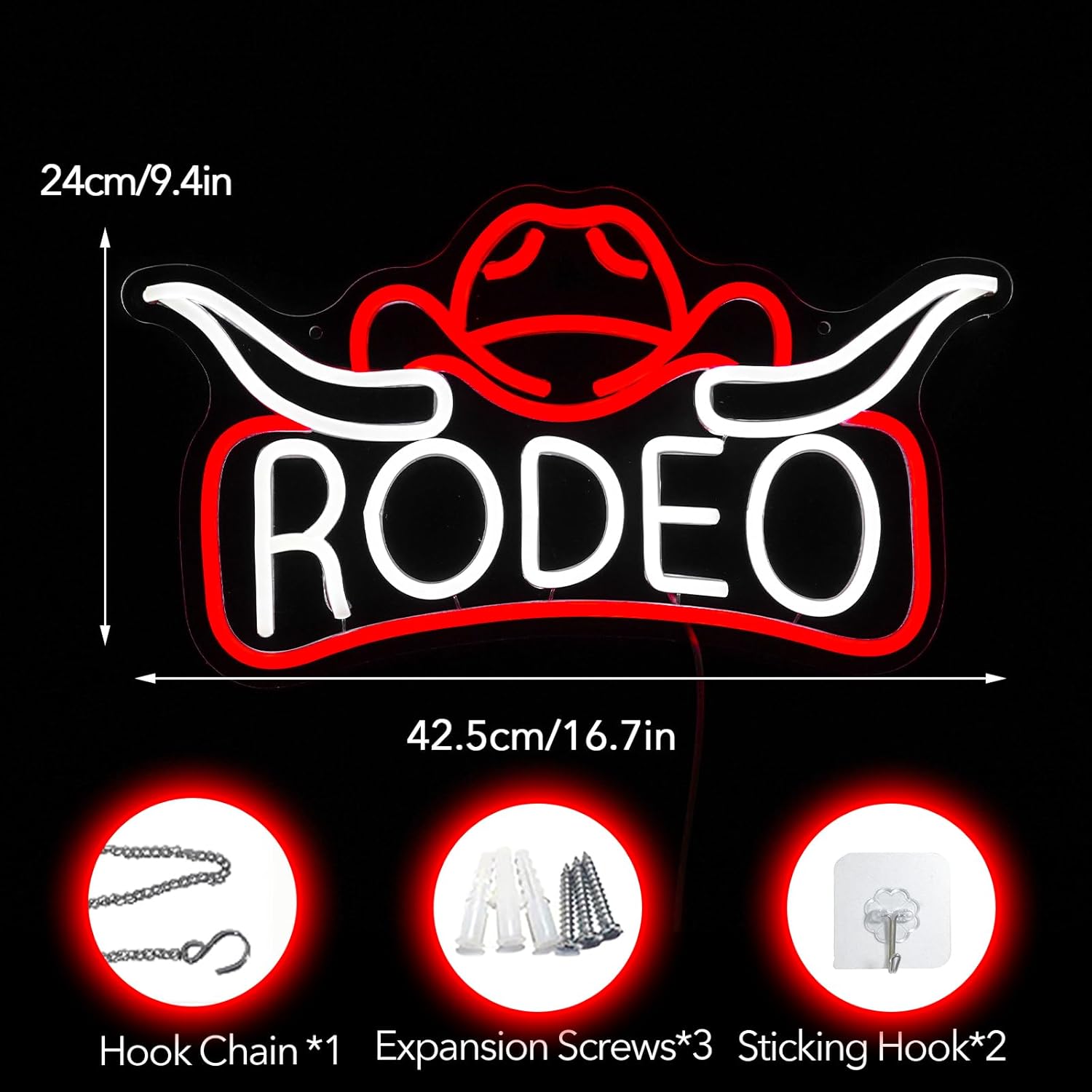 Rodeo Neon Sign, Cowboy Cowgirl Hat Longhorn Led Light, Western Neon Light, Bull Horn Led Sign, Country Living Room Wall Decor, For Adult Boy Bedroom Bar Hotel Party Birthday (16.7 x 9.4 in)