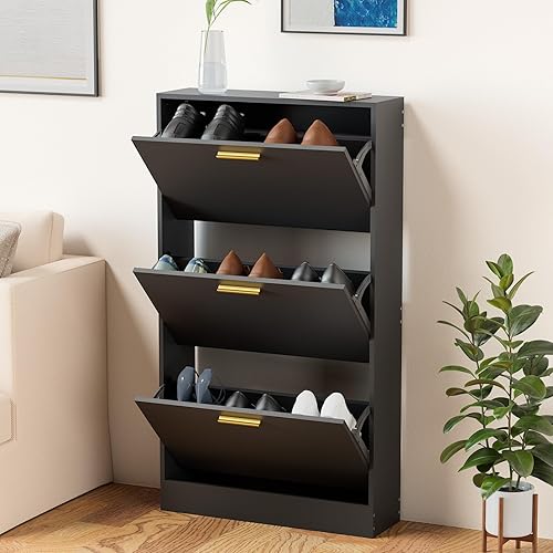 Miniatura 7 de LYNSOM Armario de zapatos, organizador de zapatos con 3 cajones abatibles, moderno almacenamiento de zapatos de entrada con pantalla superior,