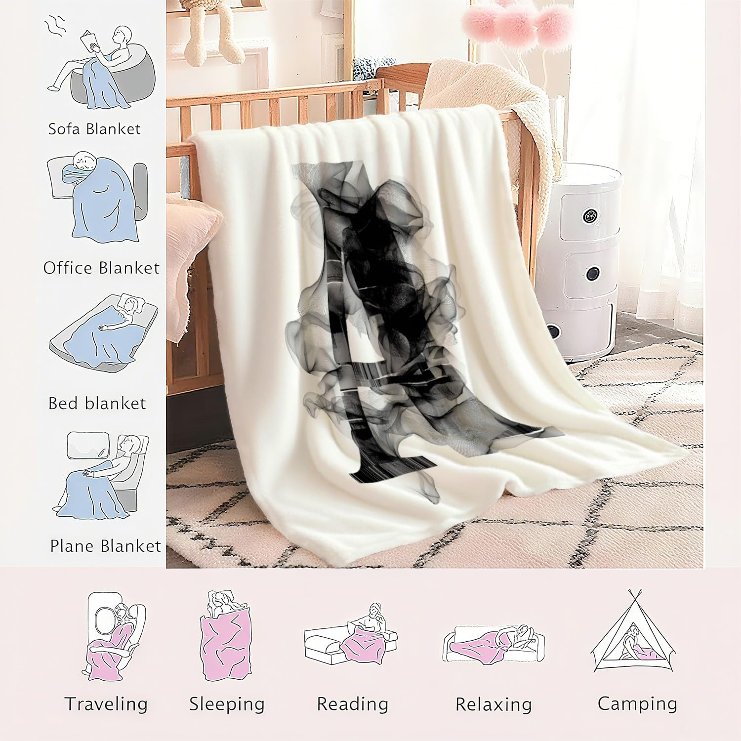 Genérico Manta Apta para Cama y Sofá Cálida y Confortable Ligera y Envolvente Calidez con Estilo Moderno 150 x 200 cm Artístico con Estilo Letras Negro
