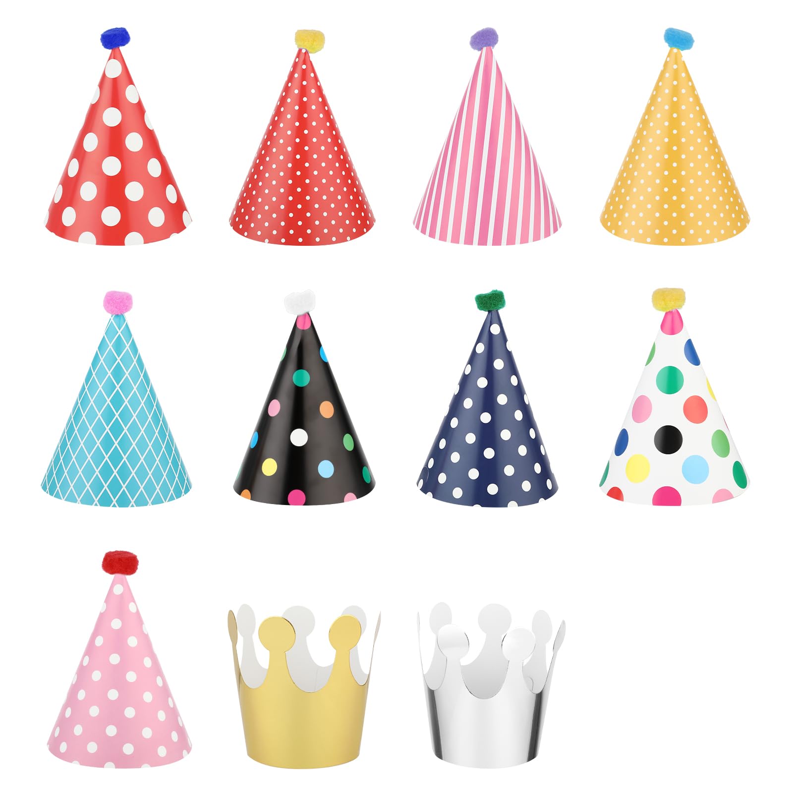 FdcLixuvol 11 PCS Party Hats, Birthday Party Cone Hats with Pom Poms Bright Colorful Cone Birthday Paper Hat Mini Parties Hat Lovely Paper Crowns for
