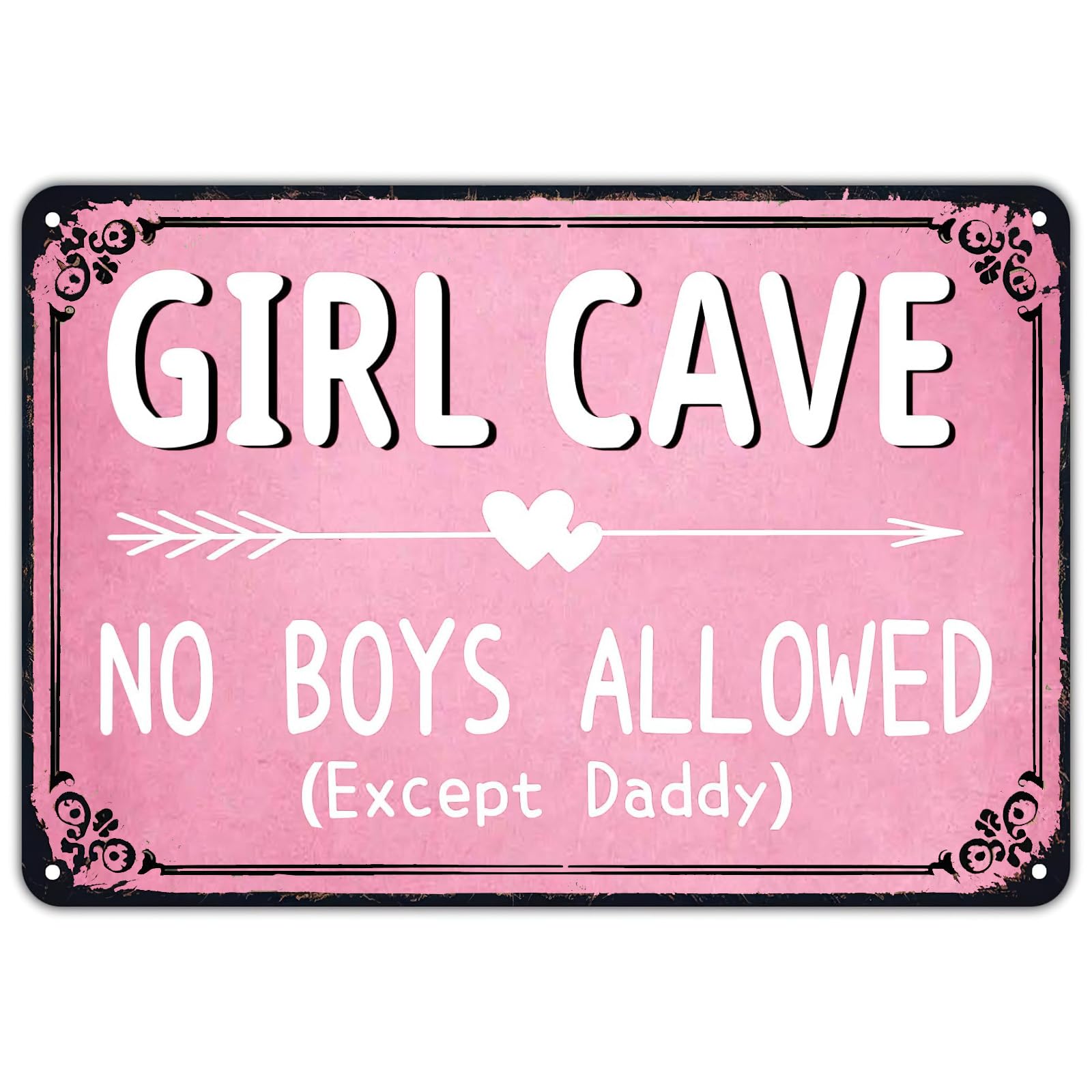 Cute Girl Cave Rule Vintage Metal Sign Sweet Girl Room Theme Rustic Wall Decor Hanging Plaque for Home Garden Cafe 12x8 Inch