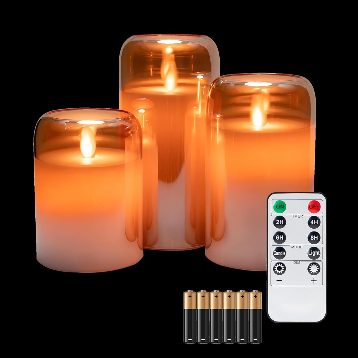 Round Hurricane LED Candles with Mirrored Glass, Realistic Wick Flickering Flame, Real Wax Pillars, Battery Operated (Included), Remote & Timer (Set of 3, Gold Tinted Metallic)