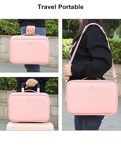 Vista 22 de Relavel Bolsa de maquillaje de viaje con espejo LED, estuche de tren de cosméticos con espejo iluminado, bolsa organizadora portátil para 01-Negro