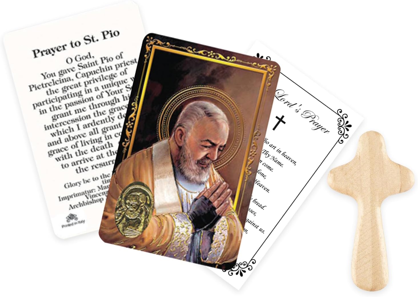 Trendzeen Saint Padre Pio Card - Made in Italy St Padre Pio Holy Card, Small Wooden Pocket Cross, The Lord's Prayer - Patron Saint of Stress Relief Healing Theme Set - 3 Items Total