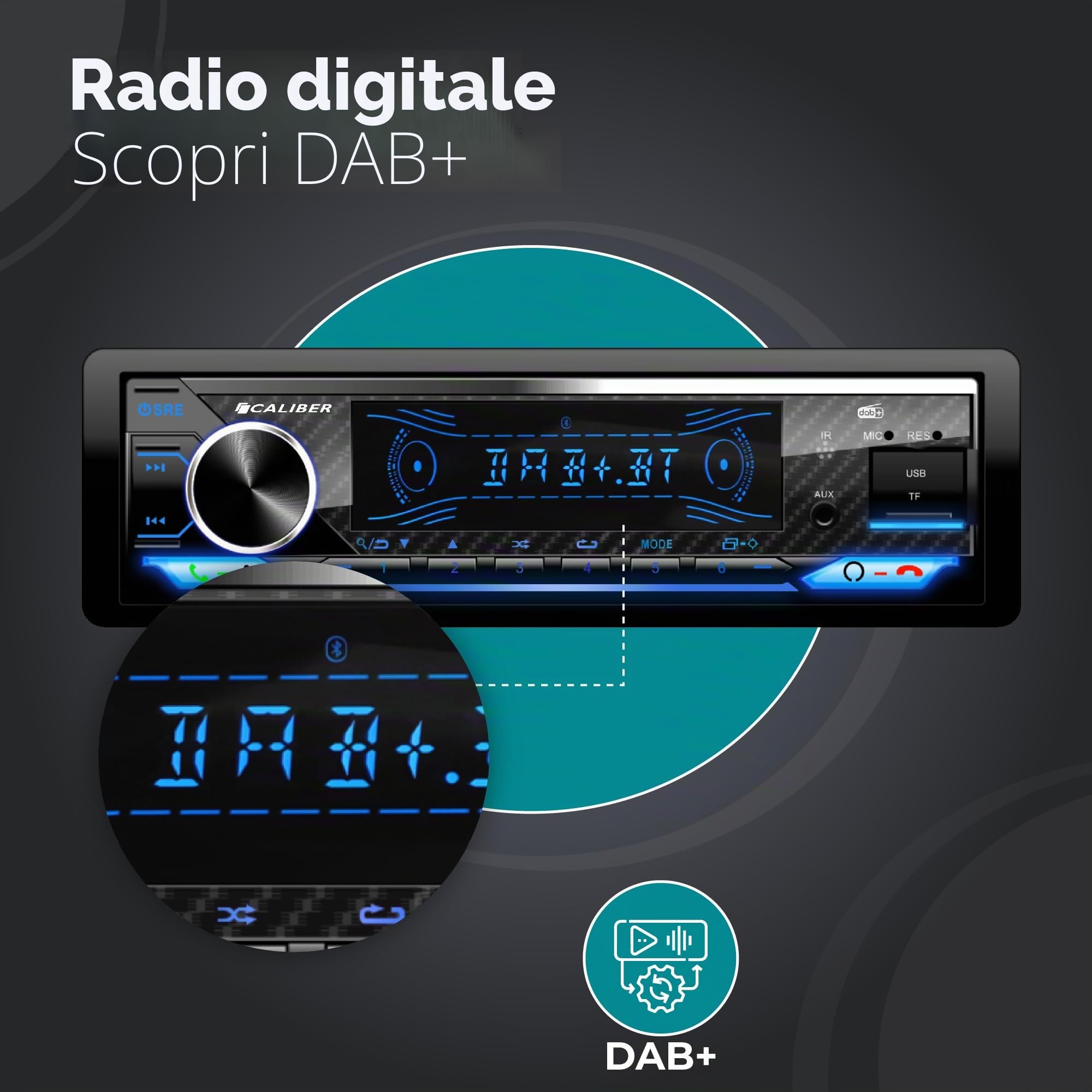 Caliber Autoradio Bluetooth 1DIN, sintonizzatore DAB+/FM, 4 x 75 W, USB/Micro SD, funzione di ricarica 2,1 A, ingresso ausiliario, vivavoce, microfono esterno, uscita RCA, antenna DAB+, 85 mm,