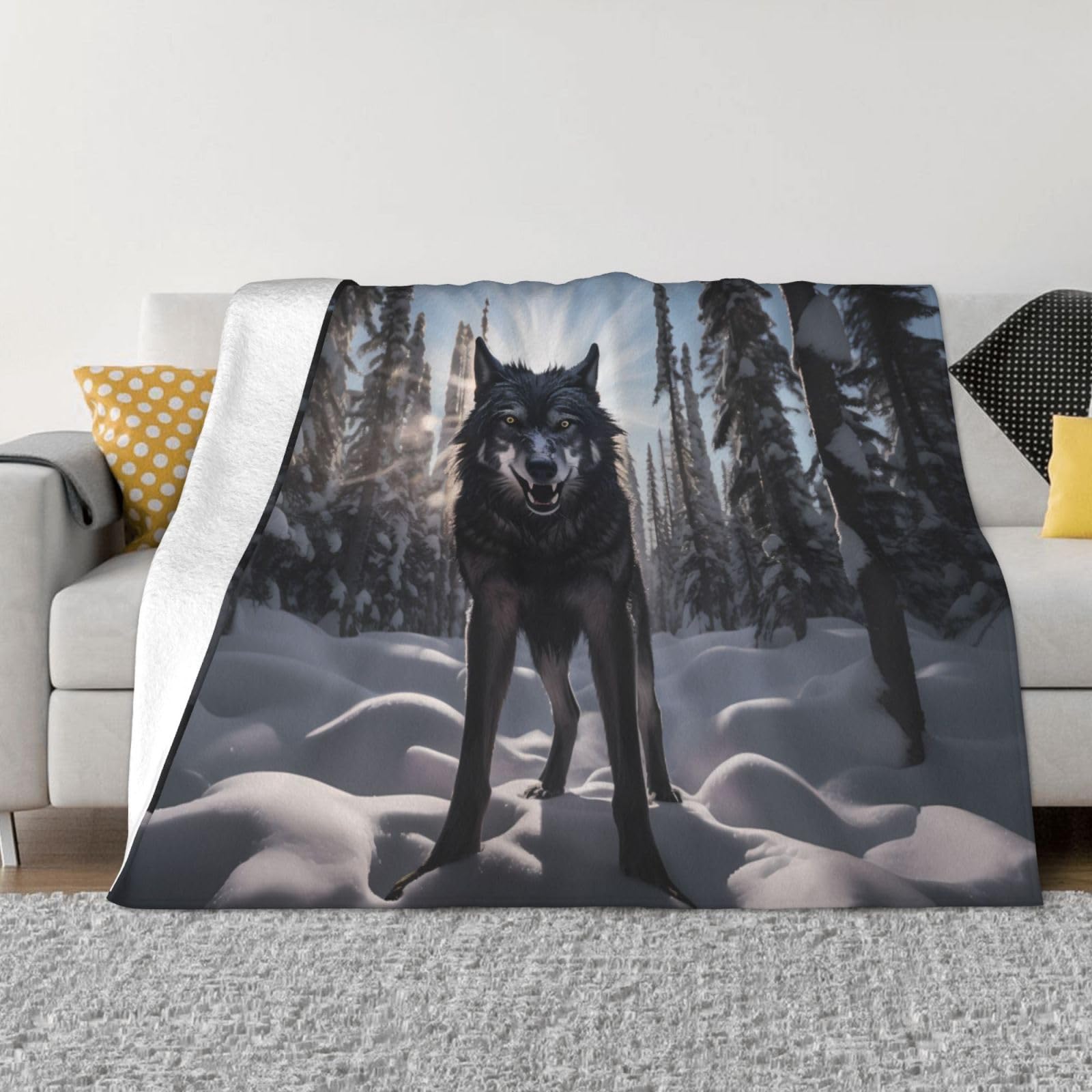 Couverture en flanelle loup dans la neige 203x152 cm pour lit et canapé