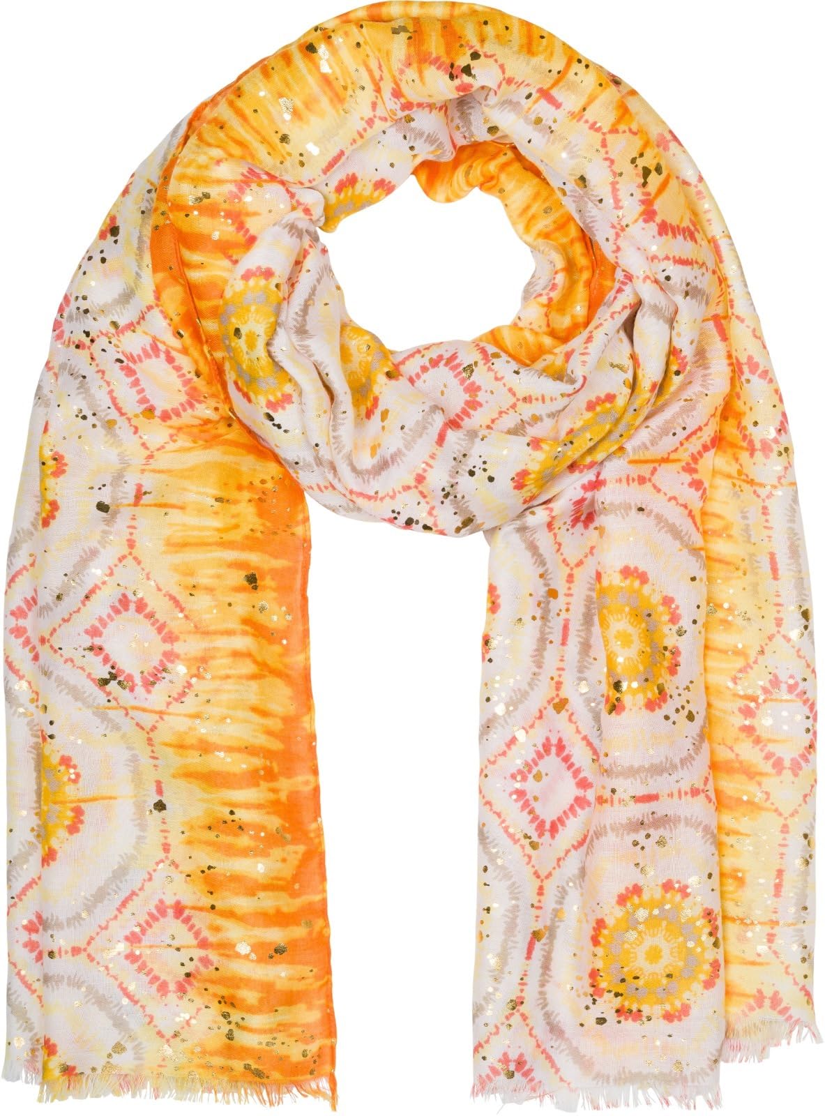 Stylebreaker Women's Yellow-Orange Scarf Batik Pattern With Metallic Stripes, Lightweight Boho Style Shawl With Short Fringes 01016230, Colour: