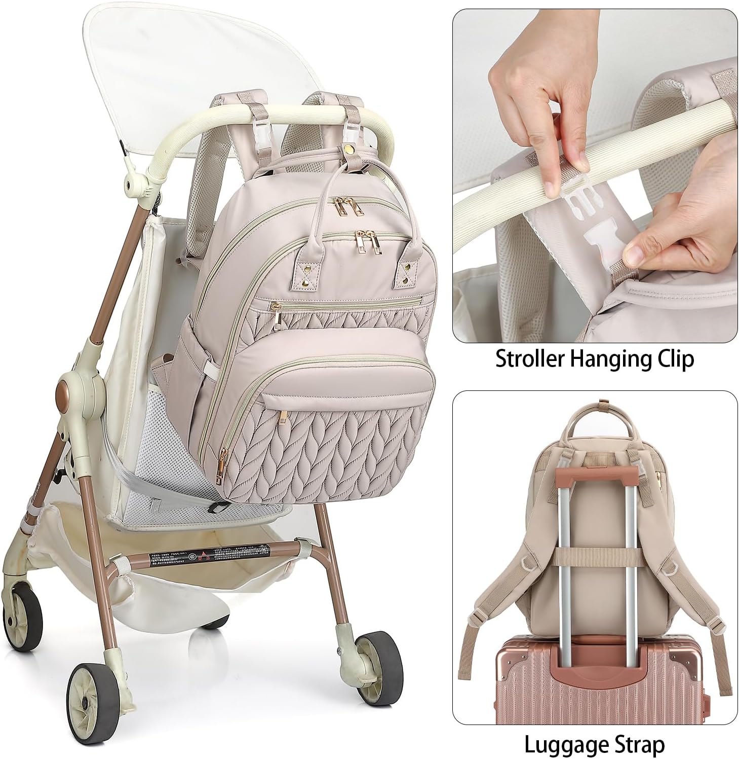 Diaper Bag Backpack, Lightweight Baby Diaper Bag for Moms with Insulated Pocket, Stroller Straps & Wet Dry Pocket (Beige)