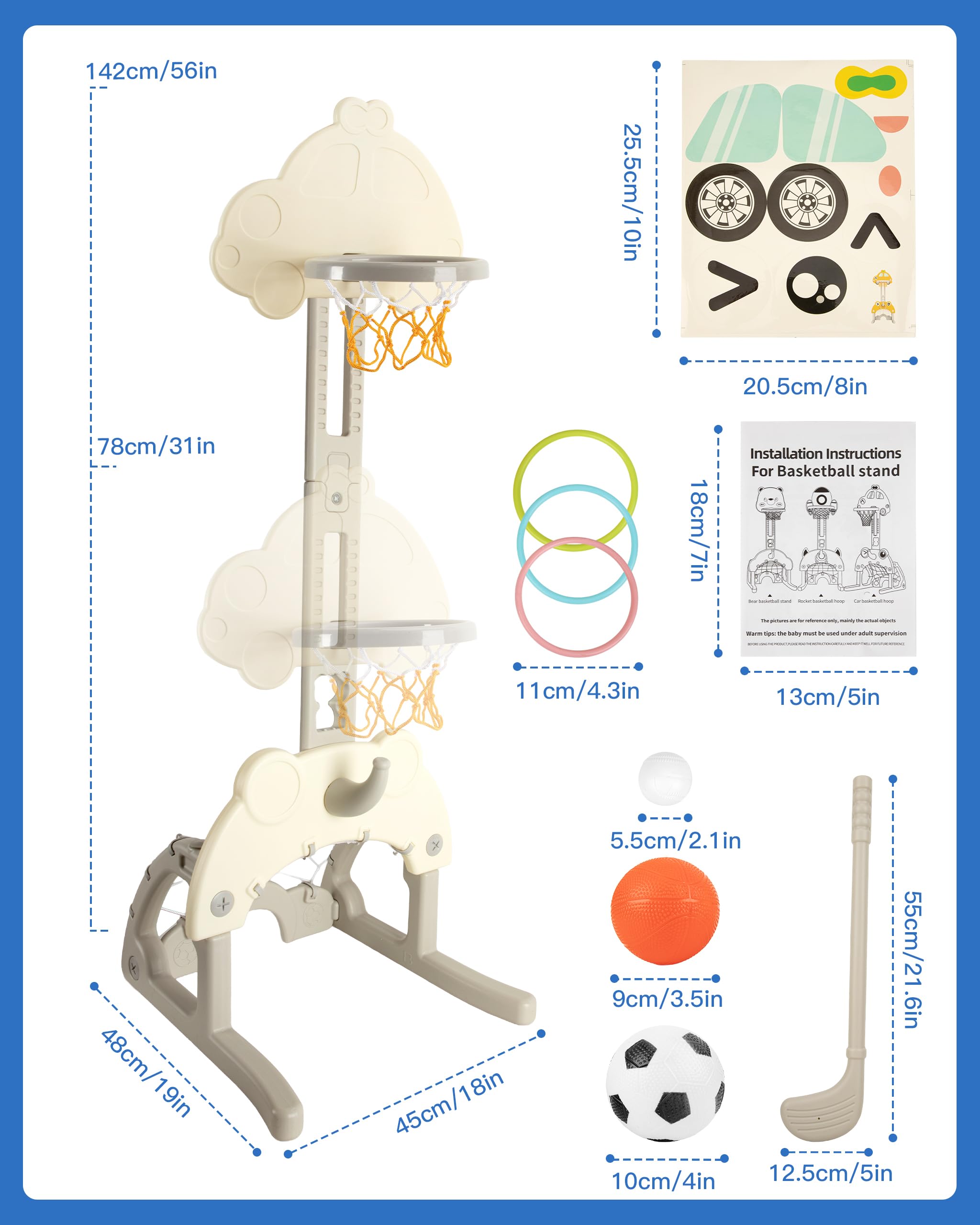 Canasta Baloncesto Infantil 1-7 Años - Mini Canasta Baloncesto Altura Ajustable 78-142 cm, Juguete para Niños
