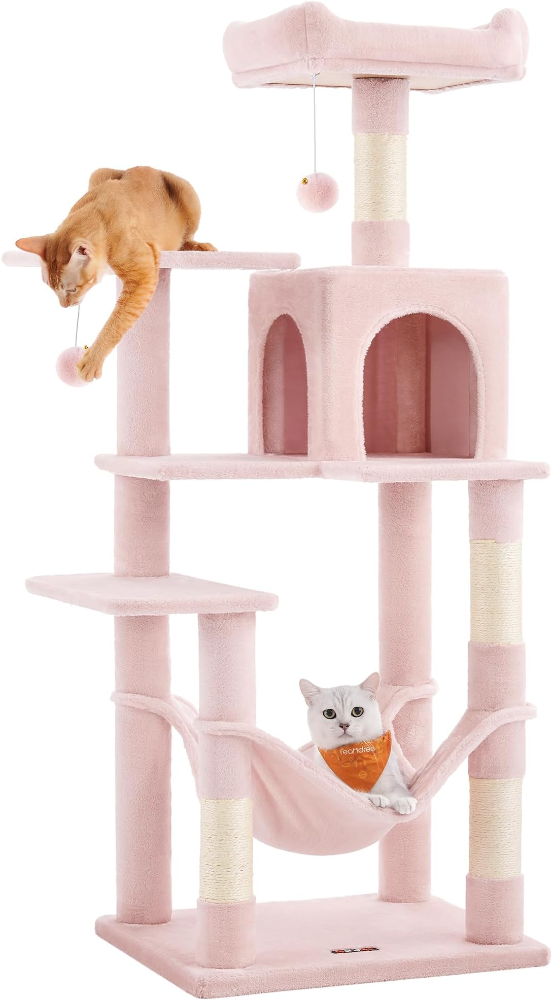 Cat Tree, 55.1-Inch Cat Tower, Plush Multi-Level Condo with 4 Scratching Posts, 2 Perches, Hammock, Cave, Jelly Pink UPCT161P01