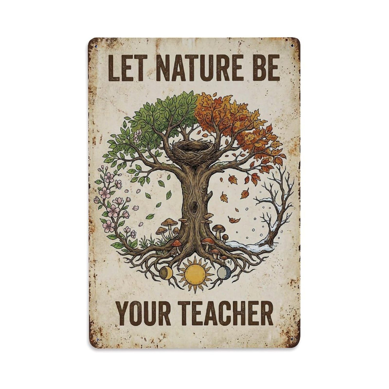 Okngb Style Nature Your Teacher Botanical Quote Whimsical Vintage Metal Tin Sign Plaque Wall Decor For Cafe, Man Cave, Club Bar, Office, Home Garden Round Metal Poster 8X12inch