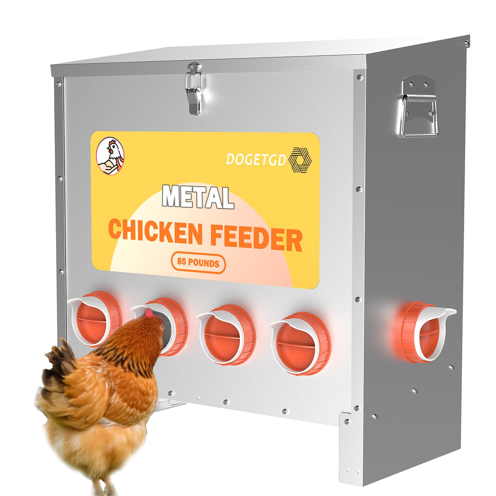 Automatic Chicken Feeder No Waste Metal Poultry Feeder Large Capacity 85lbs for Chickens, Geese, Ducks, Turkeys, Quails (10-Port)