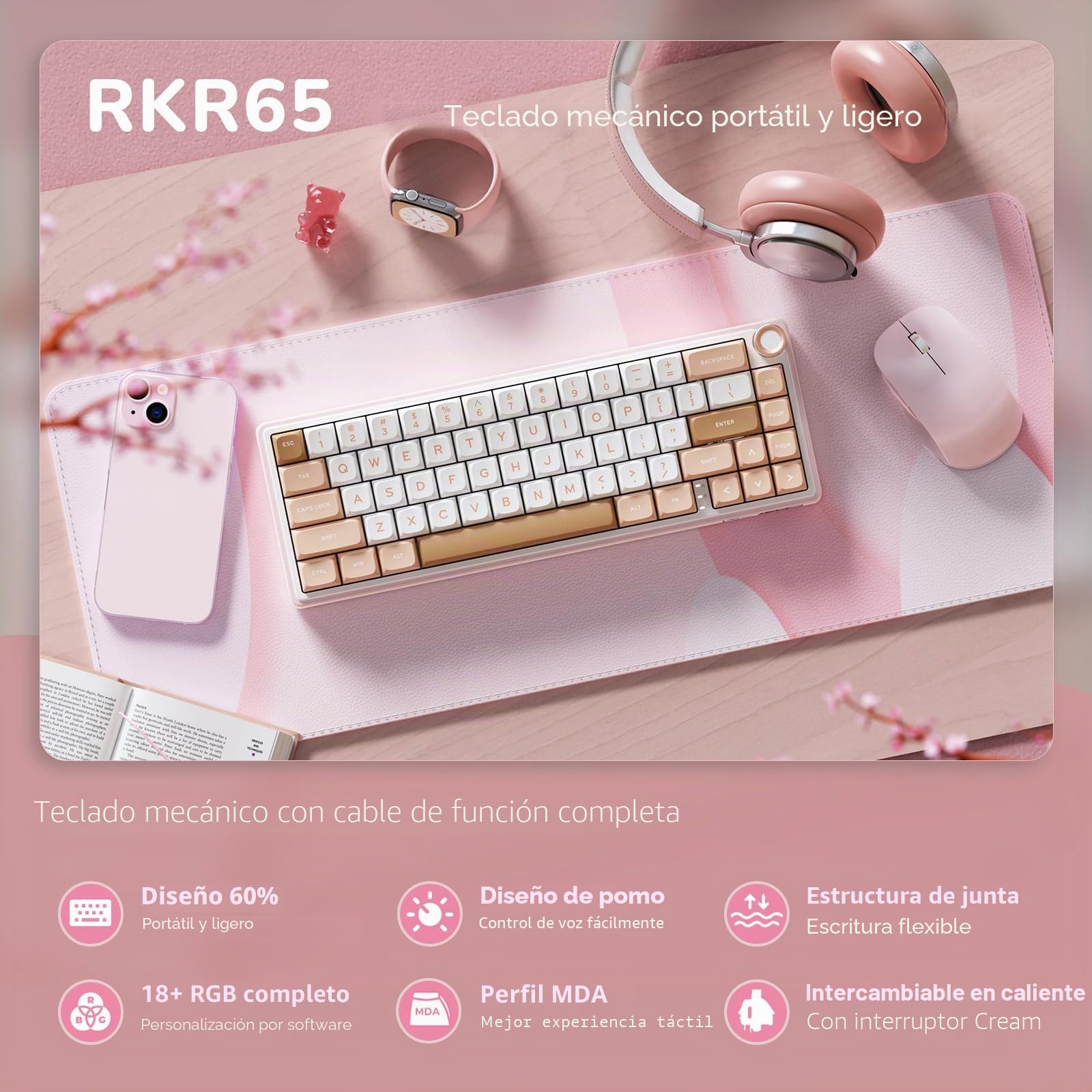 RK ROYAL KLUDGE Teclado mecánico con cable R65 con perilla de volumen, 60% RGB retroiluminado para juegos con teclas PBT, perfil MDA, QMK/VIA, interruptor crema intercambiable en caliente de 66 teclas