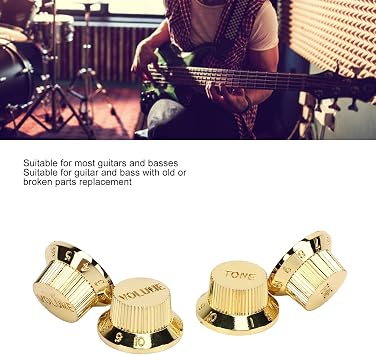 Top Hat Guitar Knobs, Volume Tone Turning Pedal Bass Rotary Shaft Speed Control Knobs Amp Effect Potentiometer Dome Knob for Electric Musical Knurled Instrument Parts Replacement Set(Gold)