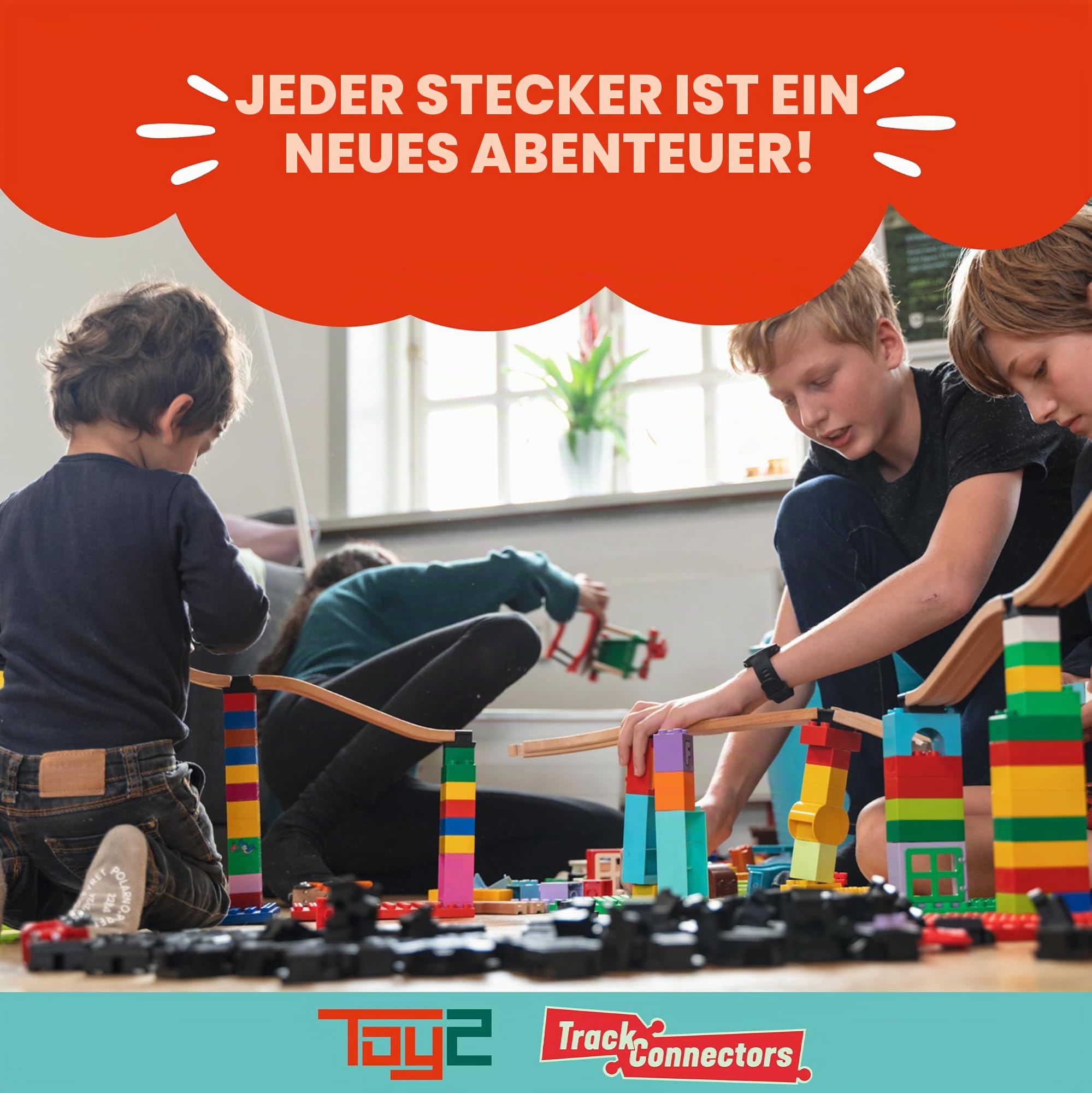 TOY2 Allround Large mit 33 Schienenverbindern Kompatibel mit BRIO Eisenbahn & Duplo Bausteine - Bauset 6 Verschiedene Track Connectors - Nachhaltige Holzeisenbahn und Holzschienen Set Verbinder