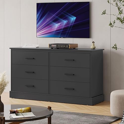 Miniatura 5 de Hasuit Cómoda doble negra de 6 cajones para dormitorio, torre de almacenamiento de madera, cómoda ancha de 6 cajones, armario de almacenamiento