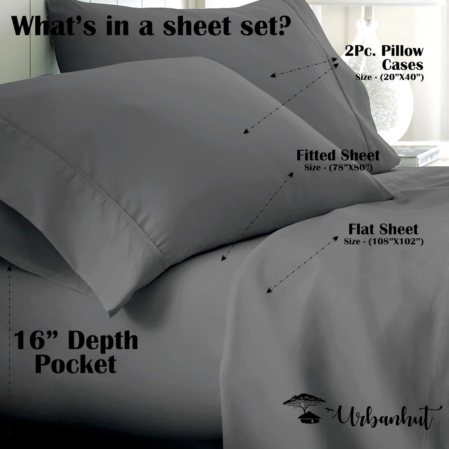 URBANHUT Luxurious King-Size Egyptian Cotton Sheets - 700 Thread Count 4 Piece Sheet Set, Elegant Sateen Weave Dark Grey Bedding, Comfortable Long Staple Cotton, 16 Inch Elasticized Deep Pocket : Home & Kitchen