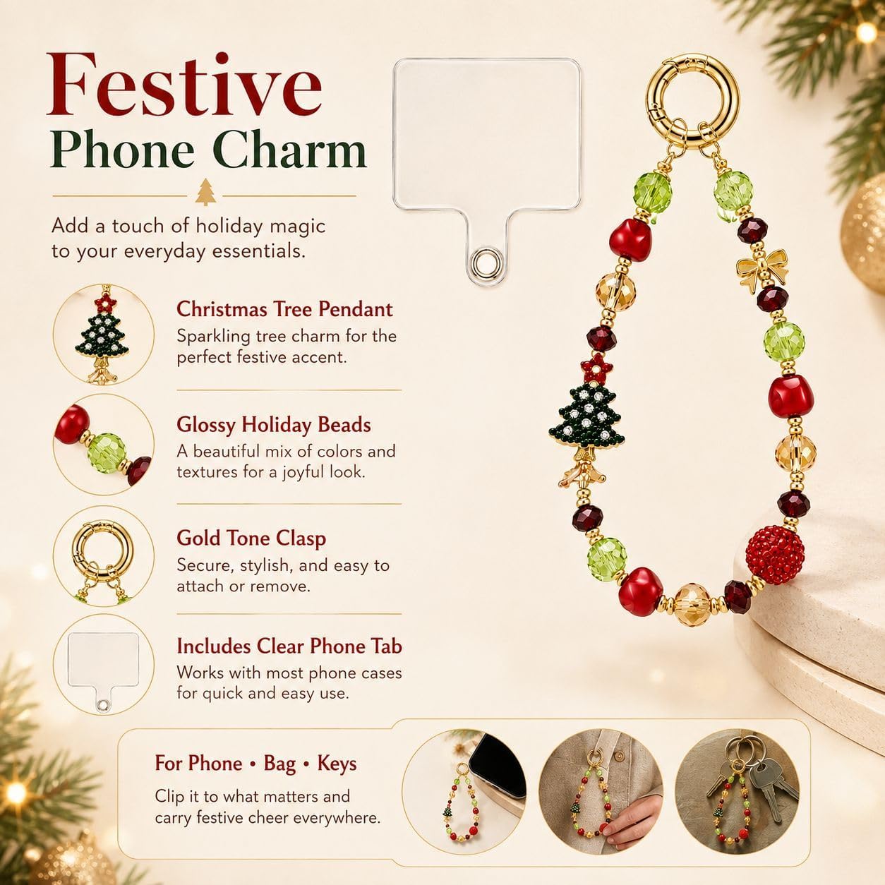 Christmas Phone Charm Beaded Bag Charms Holiday Keychain Accessory image 2
