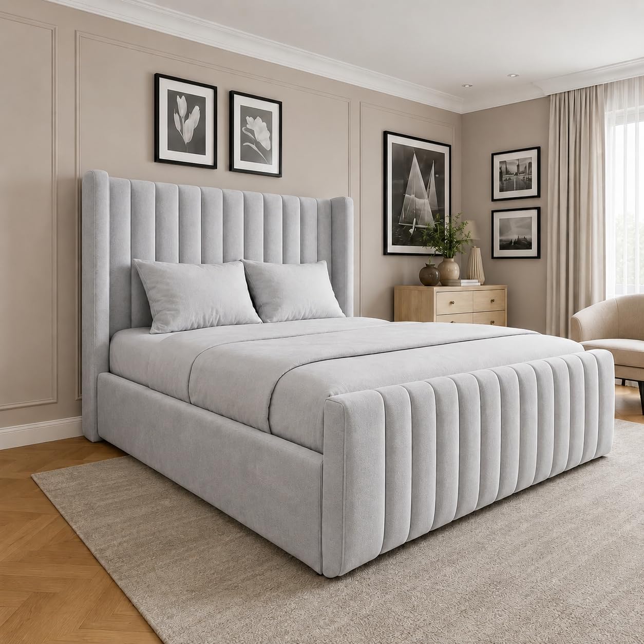 iq beds Padded Bed Frame With Winged Panel Headboard - Upholstered Bed with Gas Lift Storage Choice Modern Bedroom Furniture for Single Small Double Double King and Super King 3ft-6ft