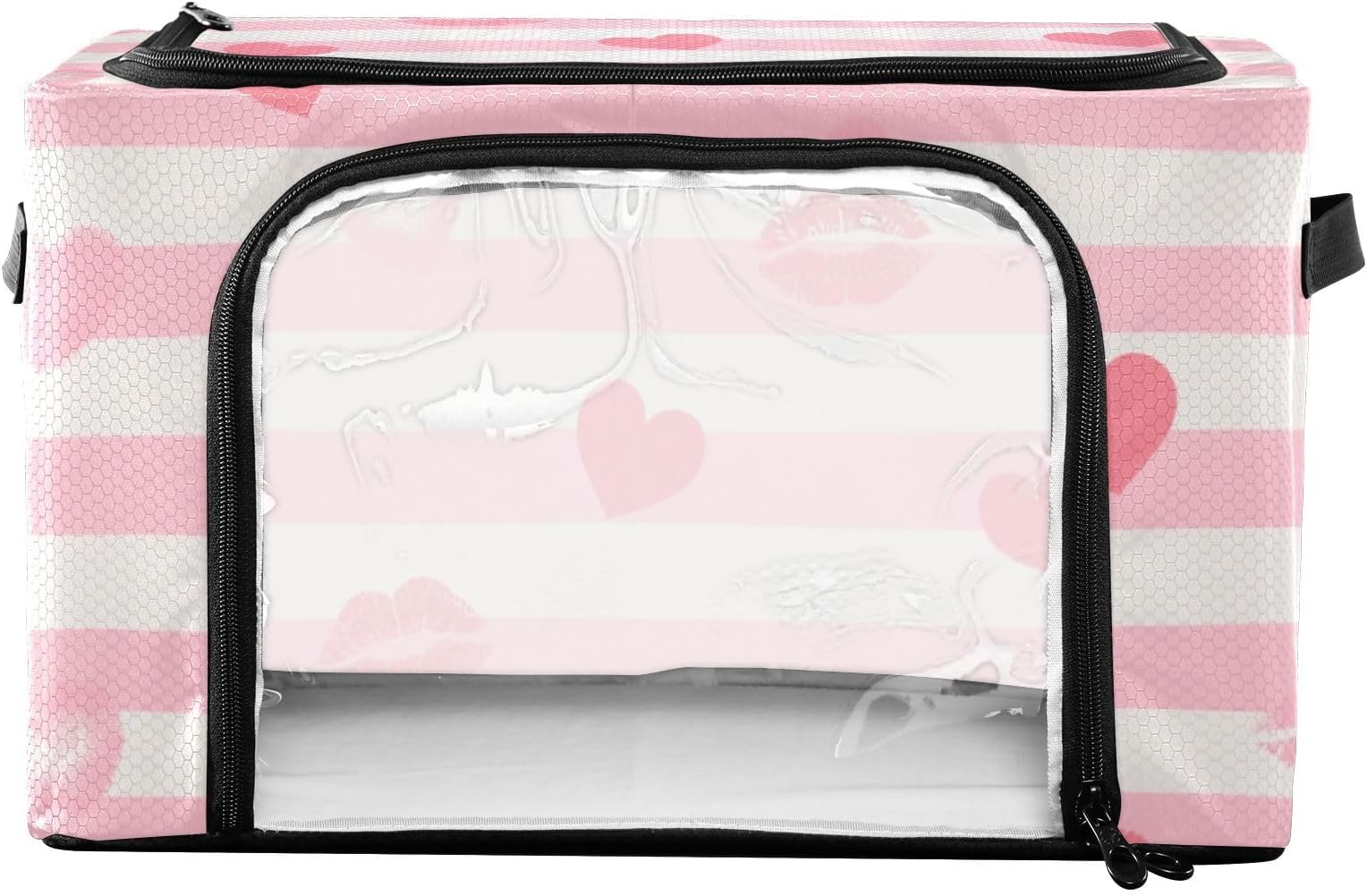 KLL Underbed Storage Organizer Clear Window Closet Storage Boxes With Lids 2 Openings Clothing Storages For Closet Metal Frame Blanket Storage Bags 2 Handles Pink White Stripes Heart Lip